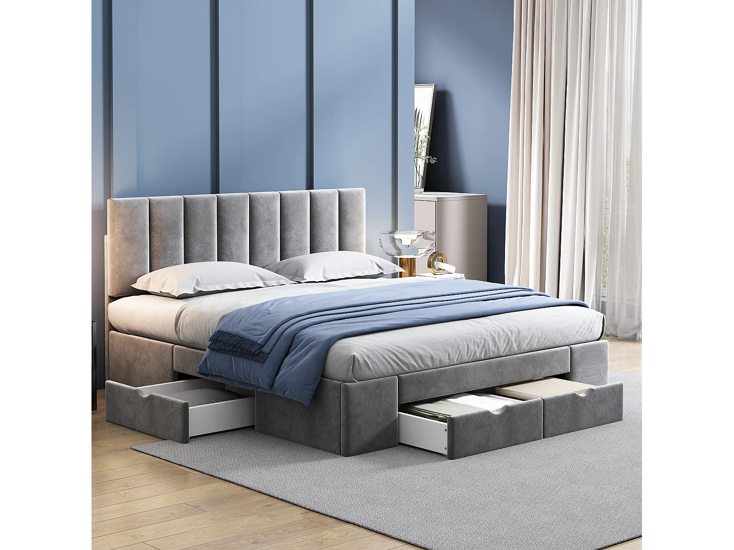 Lit double 160 x 200 cm, rangement, sommier à lattes, dossier, 4 tiroirs, Velours gris, sans matelas