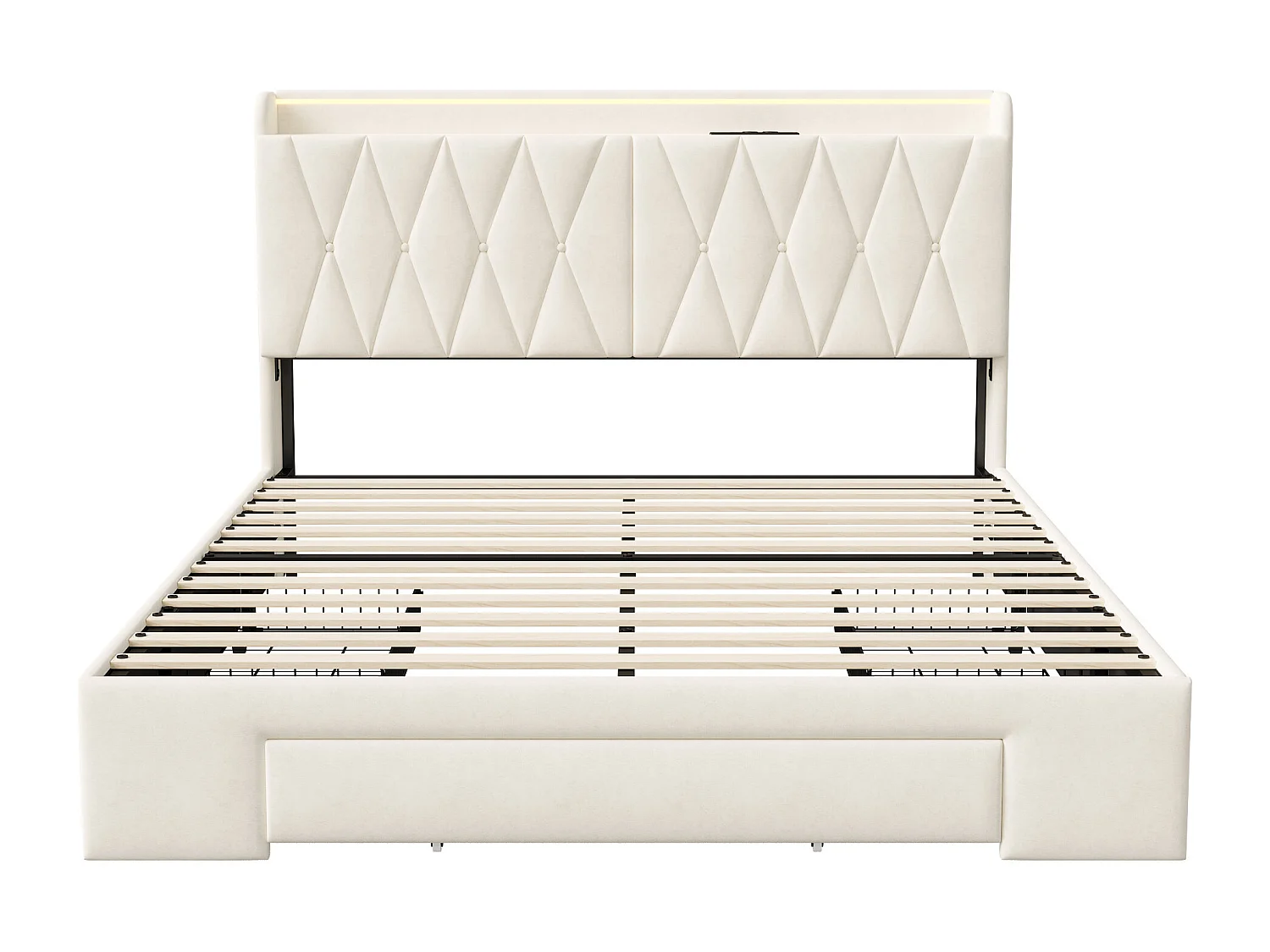 Lit Double 140x200cm - avec LED et port de recharge - 3 Tiroirs - Tete de lit avec Rangement - Velours - Beige