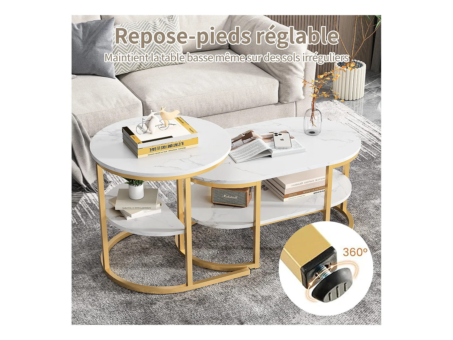 Lot de 2 Tables Basses, Table de salon 2 niveaux en marbre, Style Scandinave, 80x46x41 cm，Cadre en Métal Doré