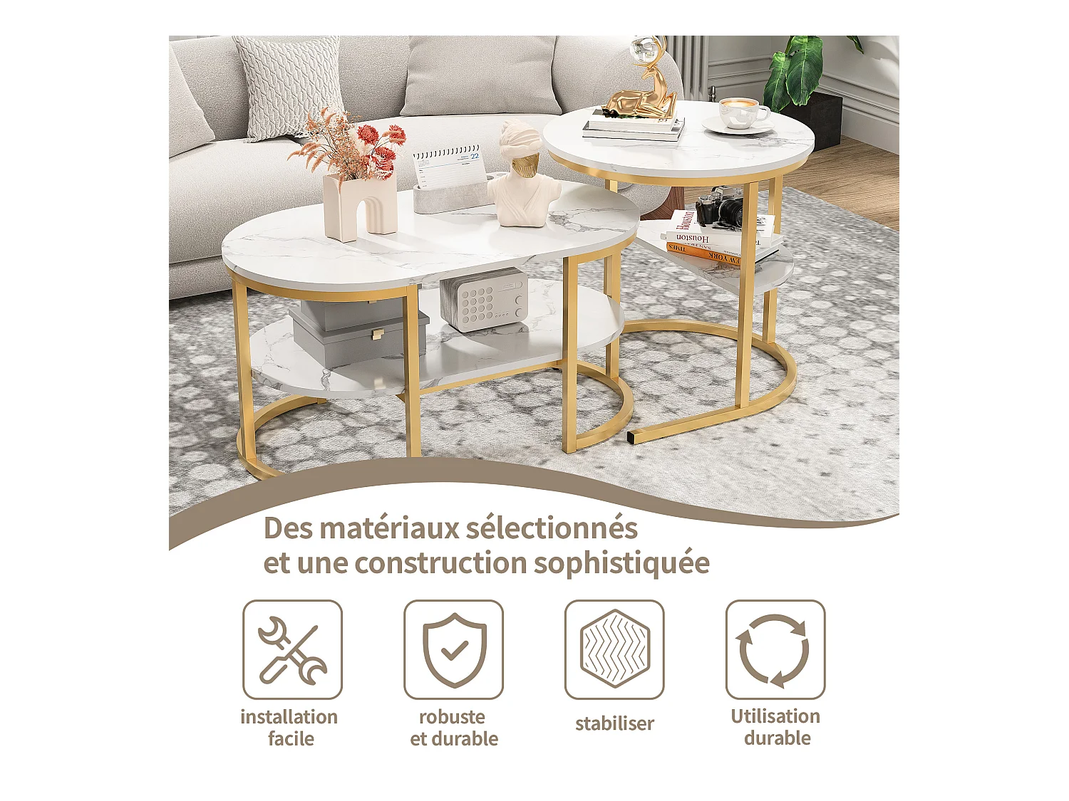 Lot de 2 Tables Basses, Table de salon 2 niveaux en marbre, Style Scandinave, 80x46x41 cm，Cadre en Métal Doré