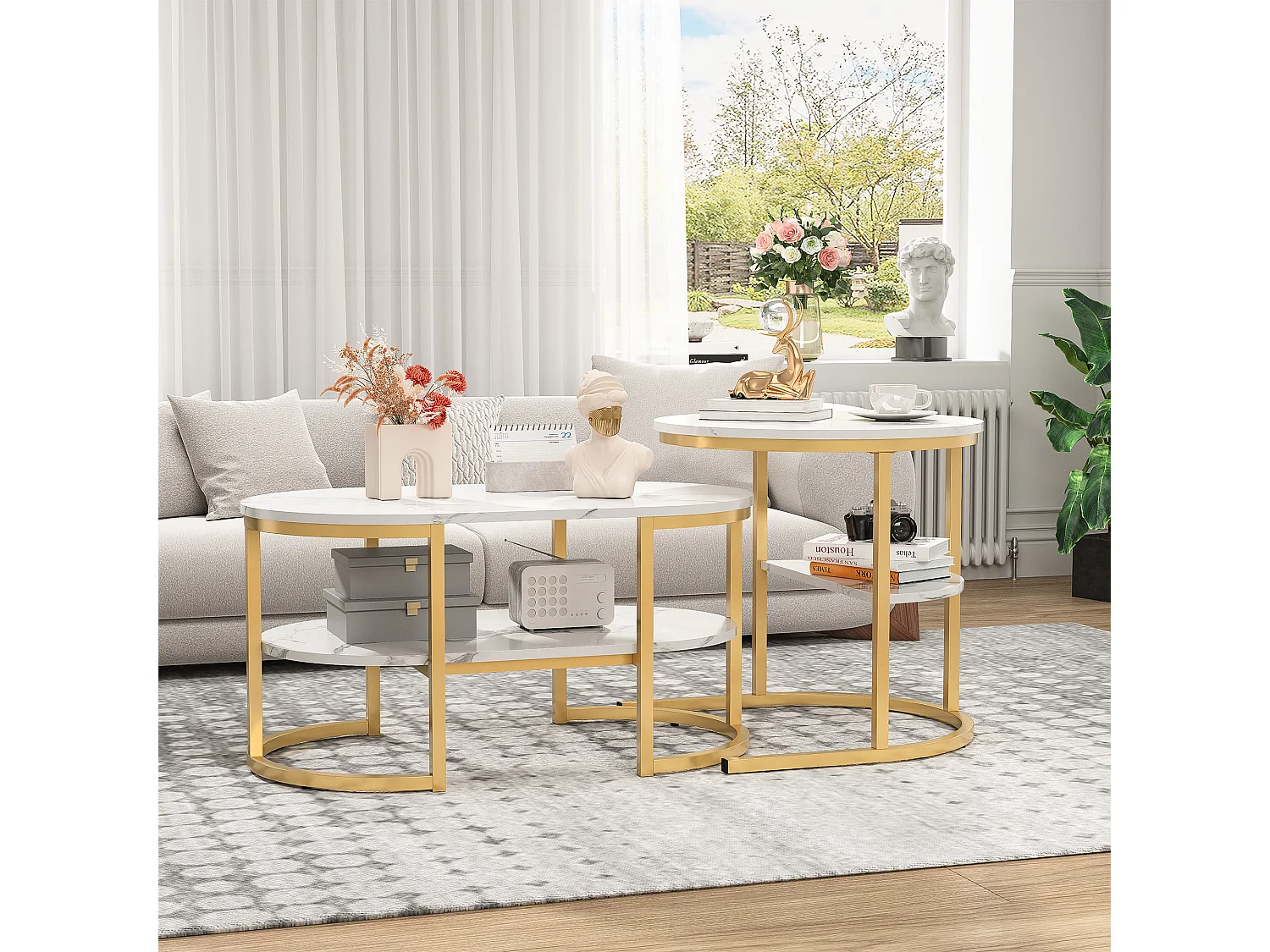 Lot de 2 Tables Basses - Tables basses gigognes - Table de salon 2 niveaux en marbre - Style Scandinave - 80x46x41 cm - Cadre en Métal Doré