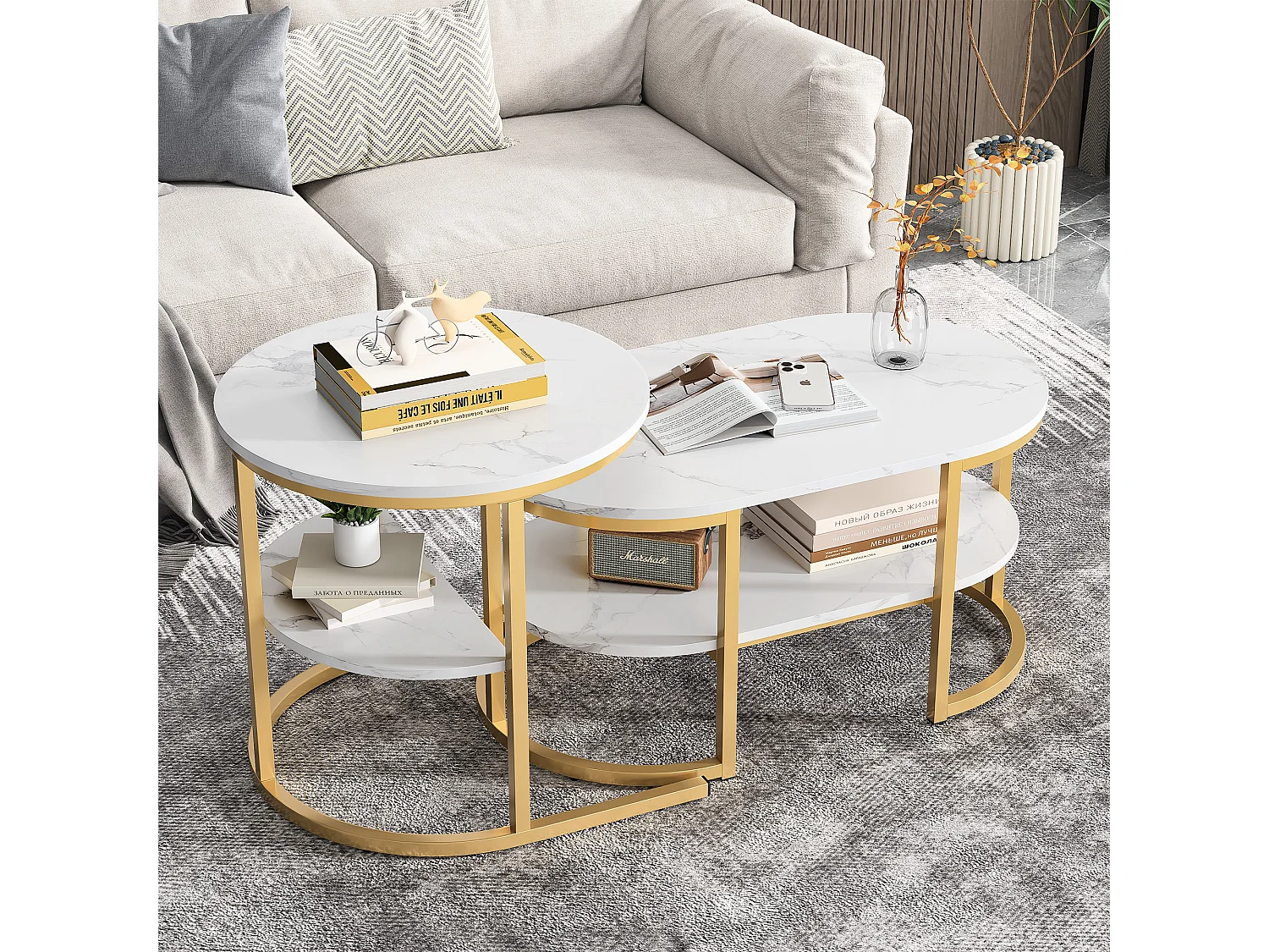 Juego de 2 mesas de centro - Mesas de centro nido - Mesa de salón de mármol de 2 niveles - Estilo escandinavo - 80 x 46 x 41 cm - Estructura de metal dorado