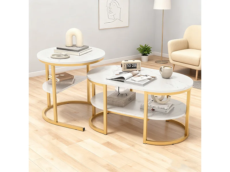 Lot de 2 Tables Basses - Tables basses gigognes - Table de salon 2 niveaux en marbre - Style Scandinave - 80x46x41 cm - Cadre en Métal Doré