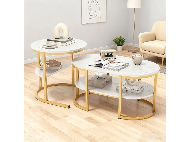 Lot de 2 Tables Basses - Tables basses gigognes - Table de salon 2 niveaux en marbre - Style Scandinave - 80x46x41 cm - Cadre en Métal Doré