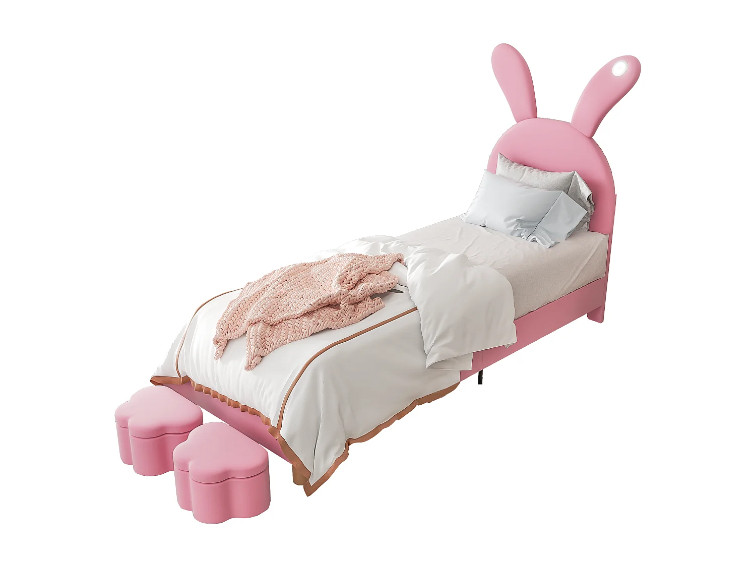 Lit enfant 90 x 200 cm, rangement, LED, tête de lit en forme d'oreilles de lapin, velours rose, sans matelas