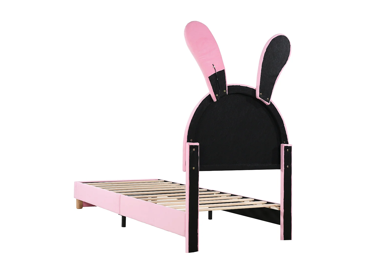 Lit enfant 90 x 200 cm, rangement, LED, tête de lit en forme d'oreilles de lapin, velours rose, sans matelas
