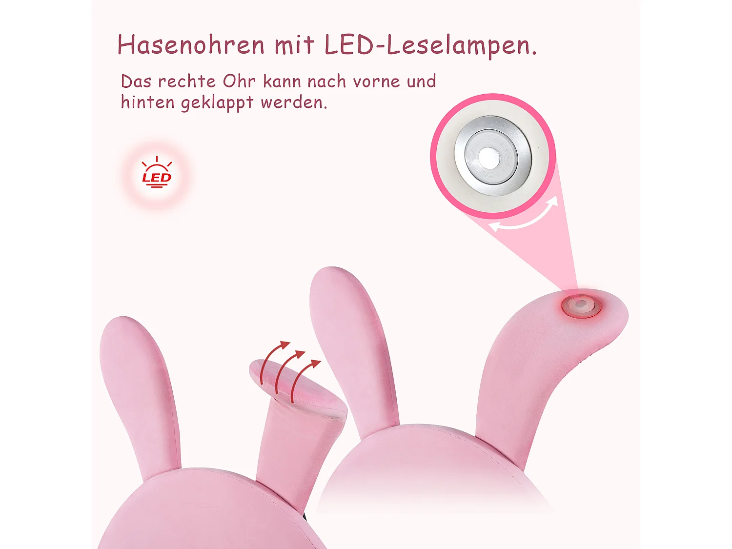 Gestoffeerd Bed 90x200 cm - Met LED Nachtlamp En Opvouwbare Konijnoren - Met 2 Opbergbanken - Tienerbed - Frans Fluweel - Roze - Zonder matras