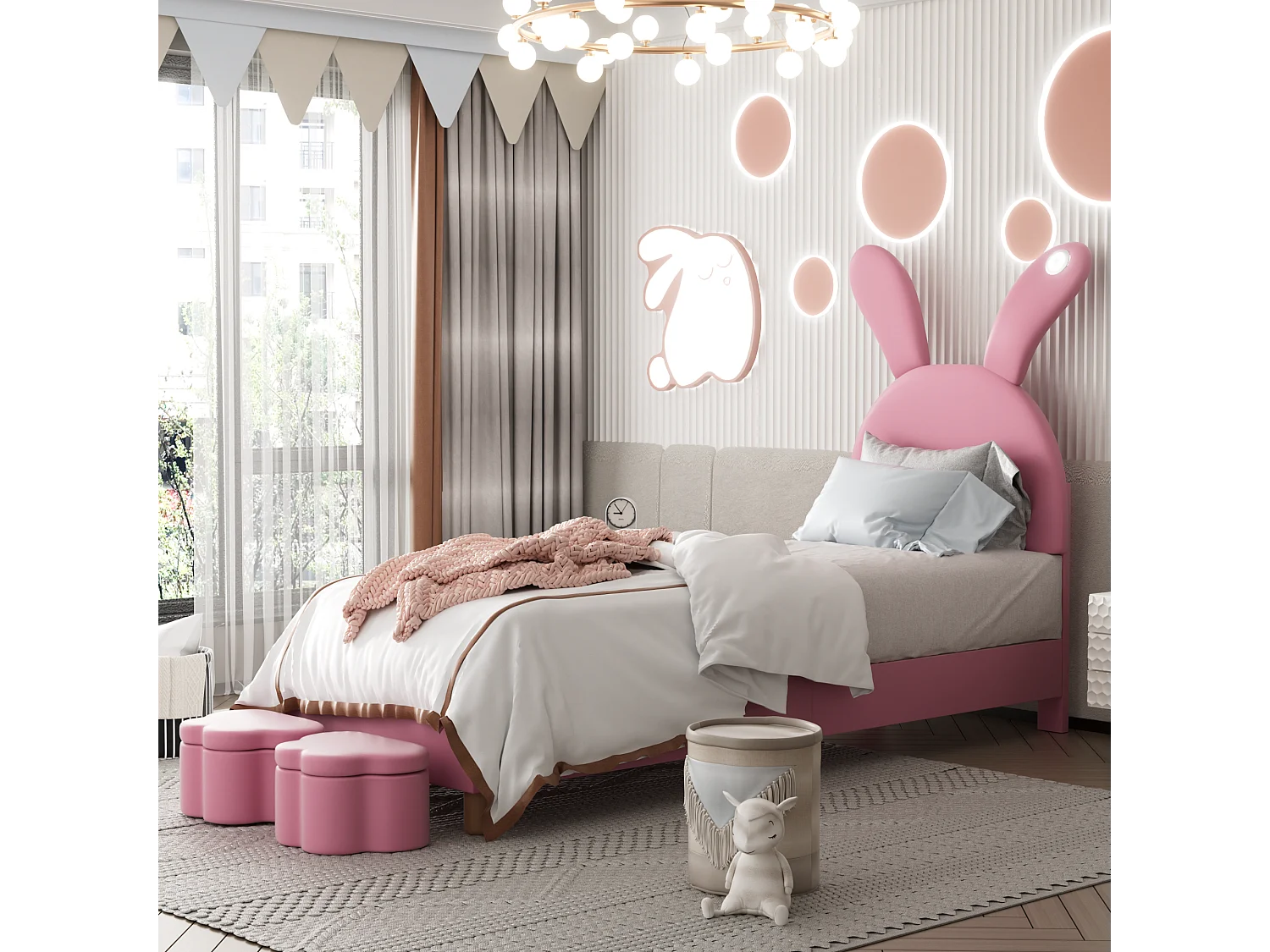 Lit enfant 90 x 200 cm, rangement, LED, tête de lit en forme d'oreilles de lapin, velours rose, sans matelas
