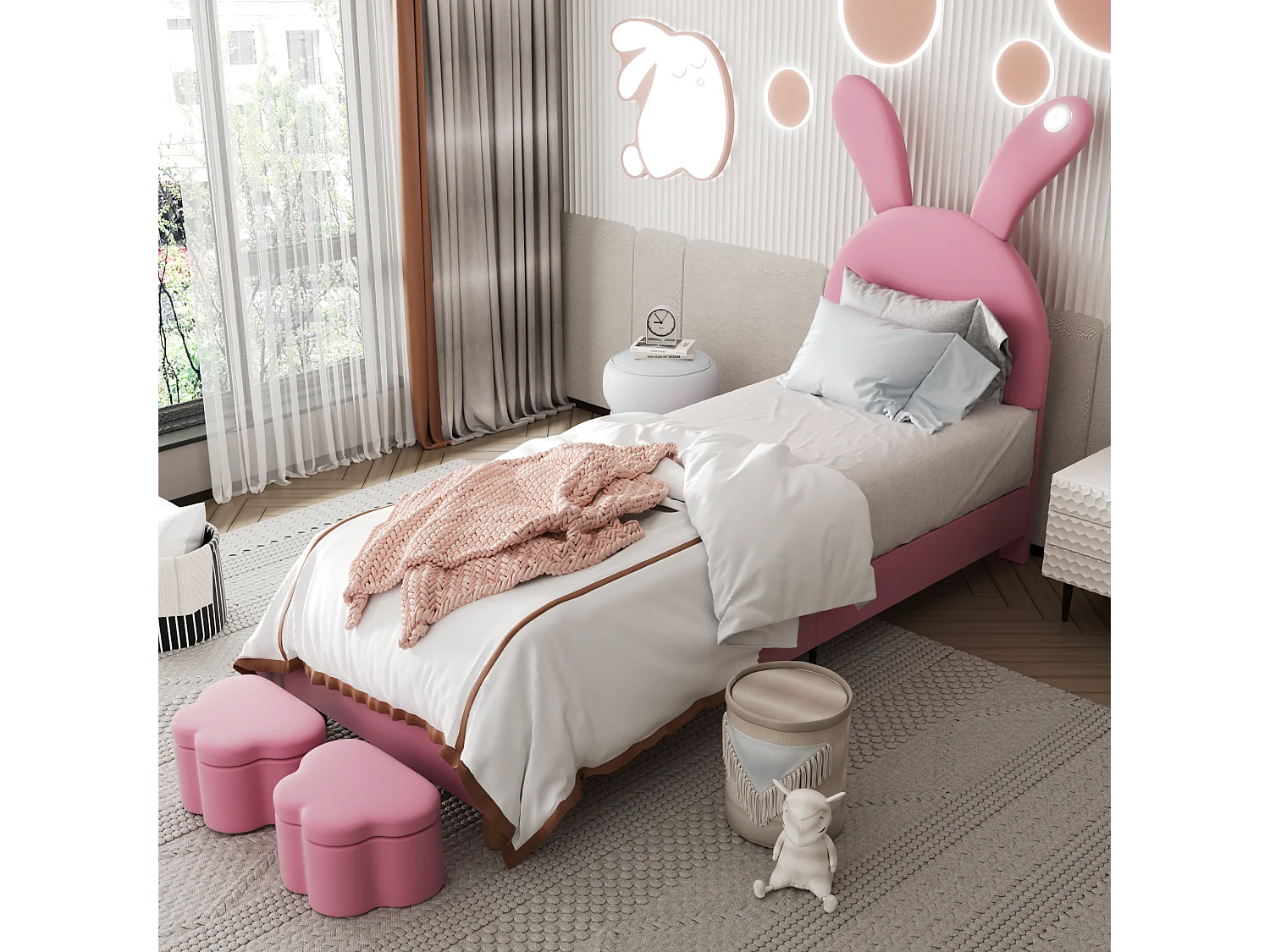 Lit enfant 90 x 200 cm, rangement, LED, tête de lit en forme d'oreilles de lapin, velours rose, sans matelas