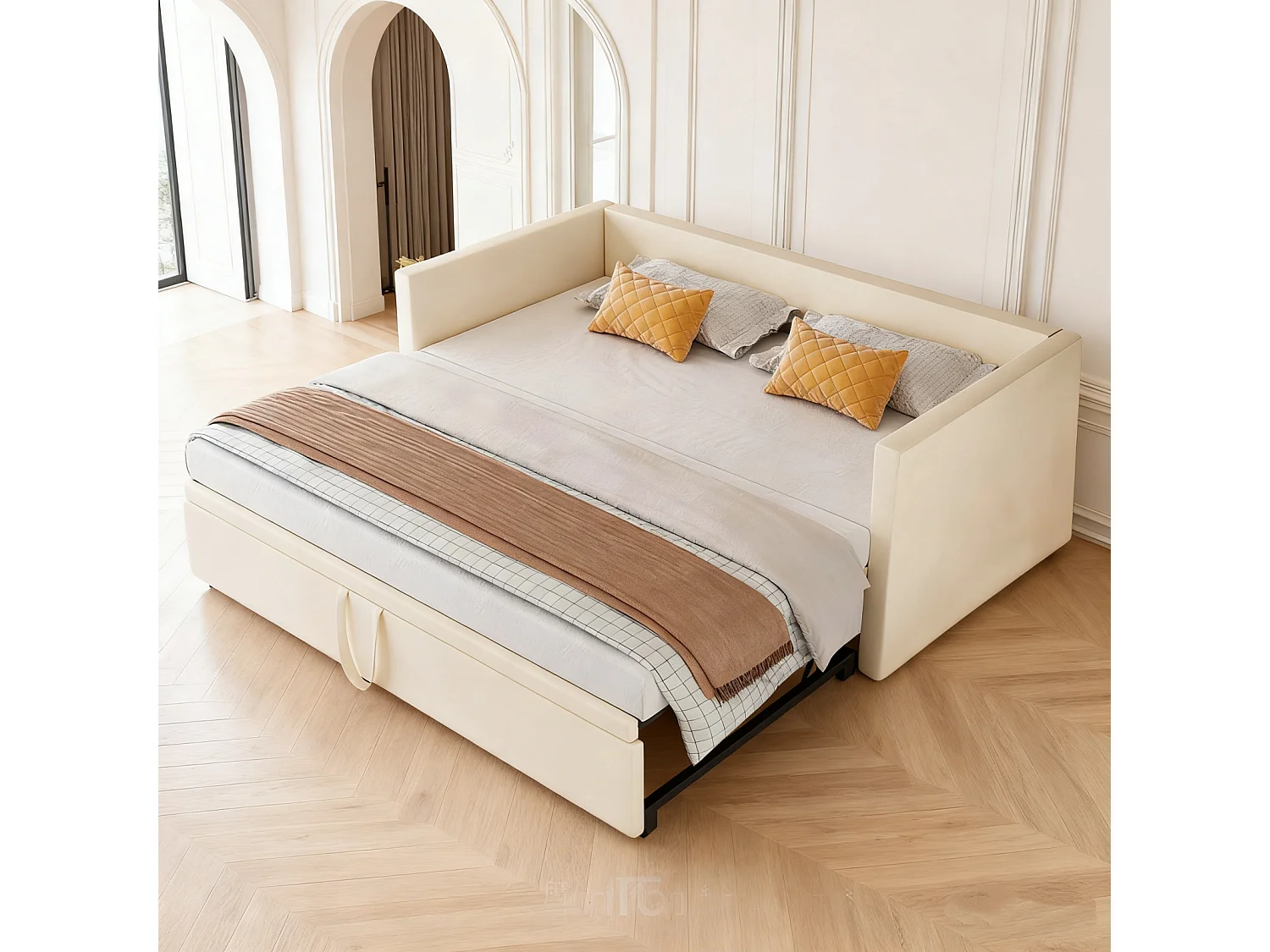 Lit gigogne 90 x 200 cm - velours - Beige - Canapé-lit extensible avec sommiers à lattes - style scandinave