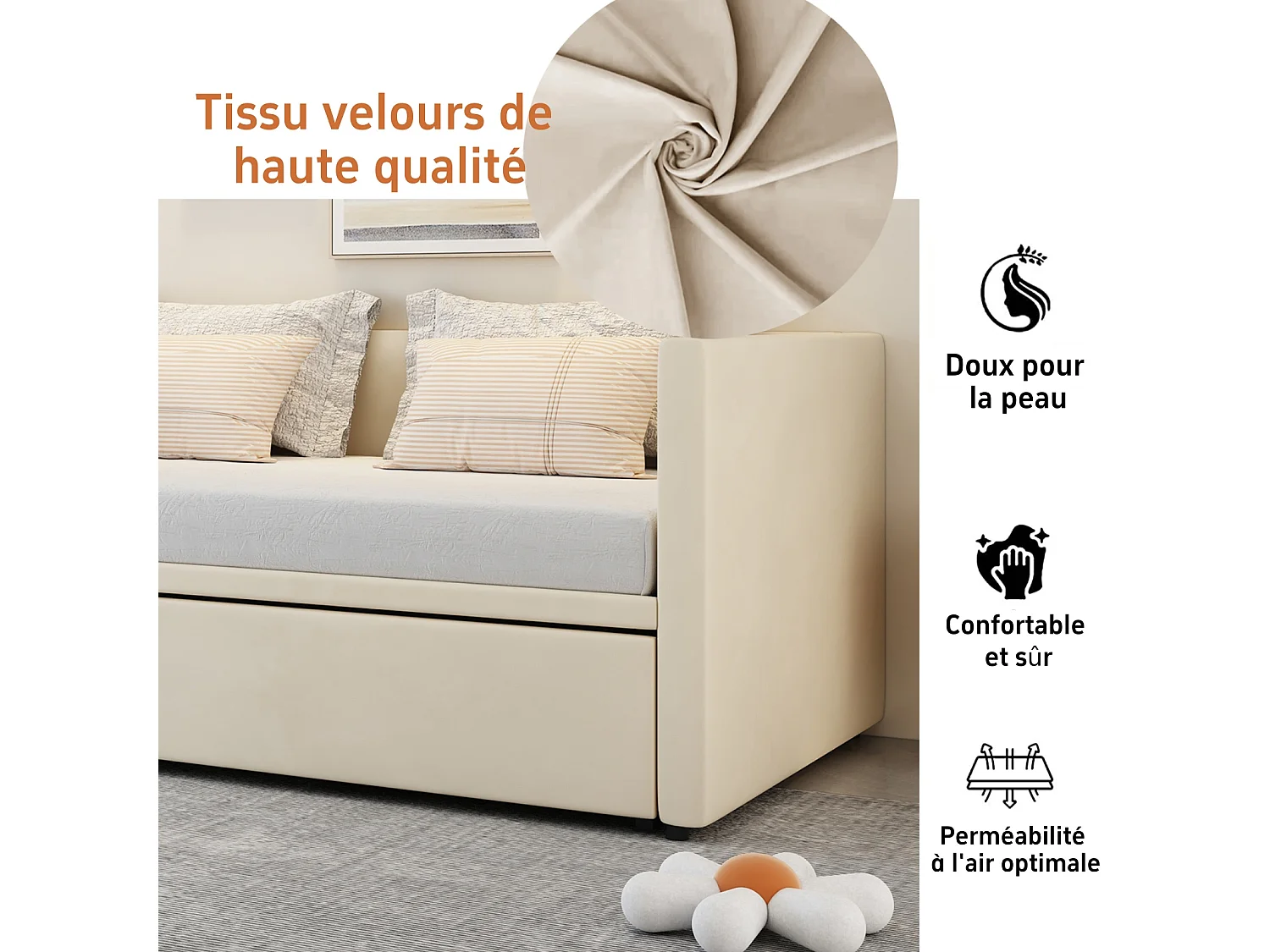 Lit gigogne 90 x 200 cm - velours - Beige - Canapé-lit extensible avec sommiers à lattes - style scandinave