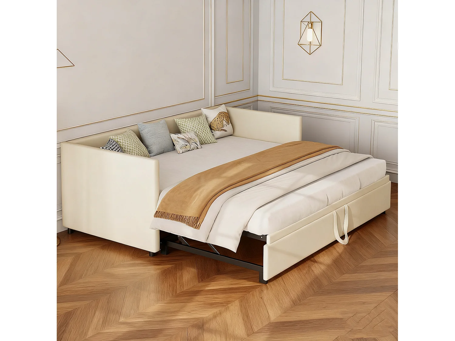 Lit gigogne 90 x 200 cm - velours - Beige - Canapé-lit extensible avec sommiers à lattes - style scandinave
