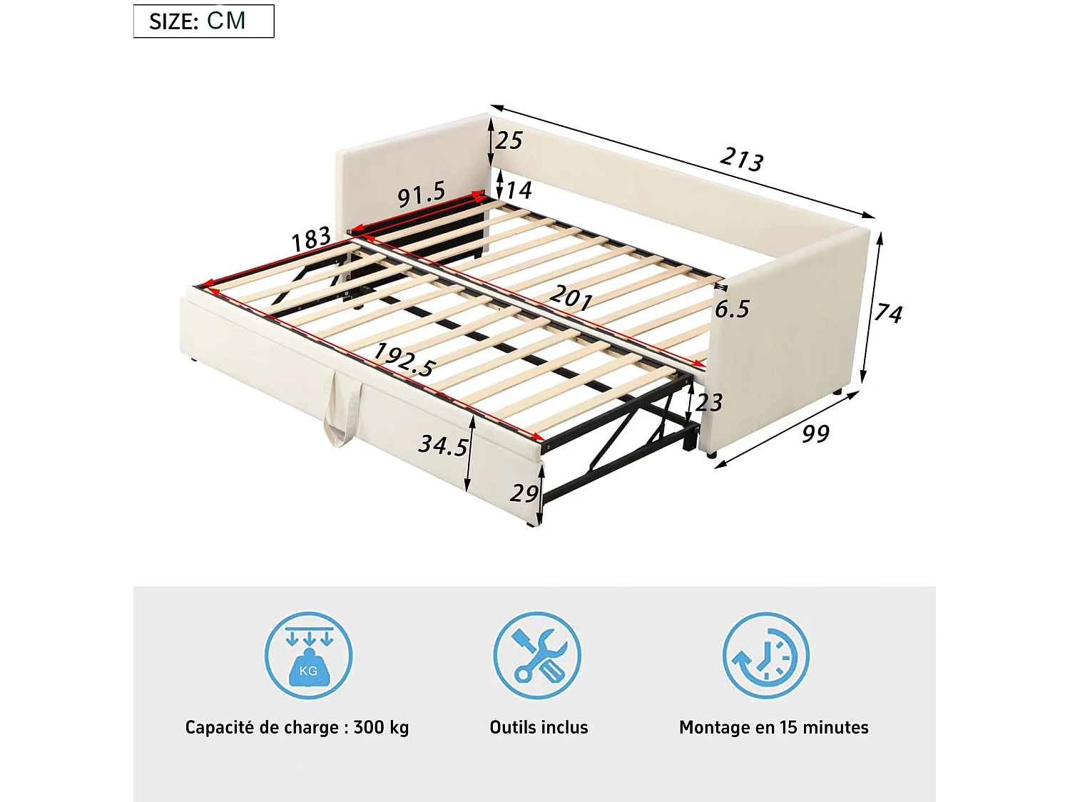Lit gigogne 90 x 200 cm - velours - Beige - Canapé-lit extensible avec sommiers à lattes - style scandinave