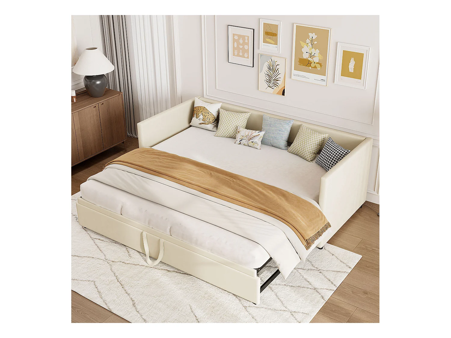 Lit gigogne 90/180x200cm,Canapé-lit extensible avec sommiers à lattes,style scandinave,velours,Beige