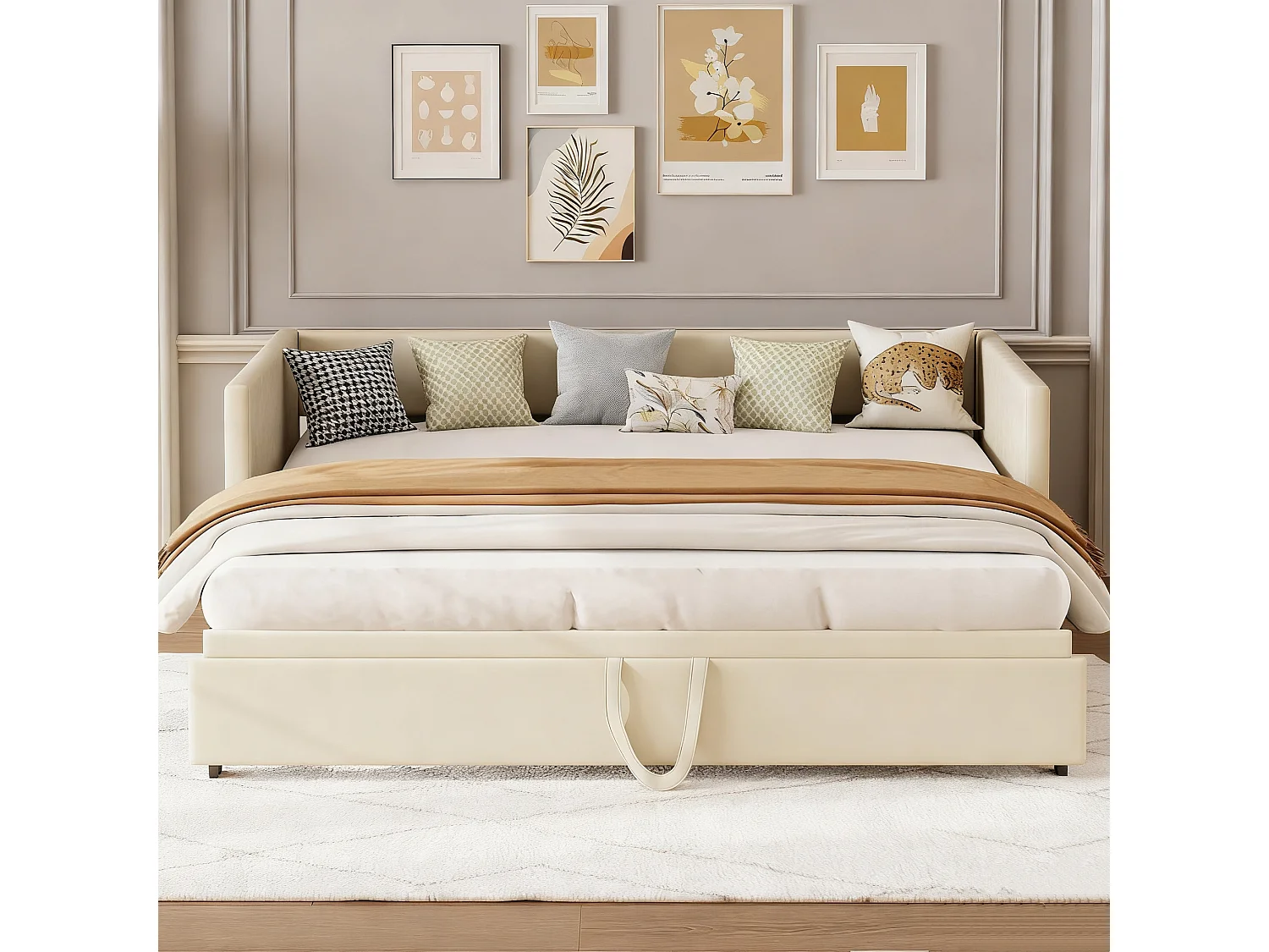 Lit gigogne 90 x 200 cm - velours - Beige - Canapé-lit extensible avec sommiers à lattes - style scandinave