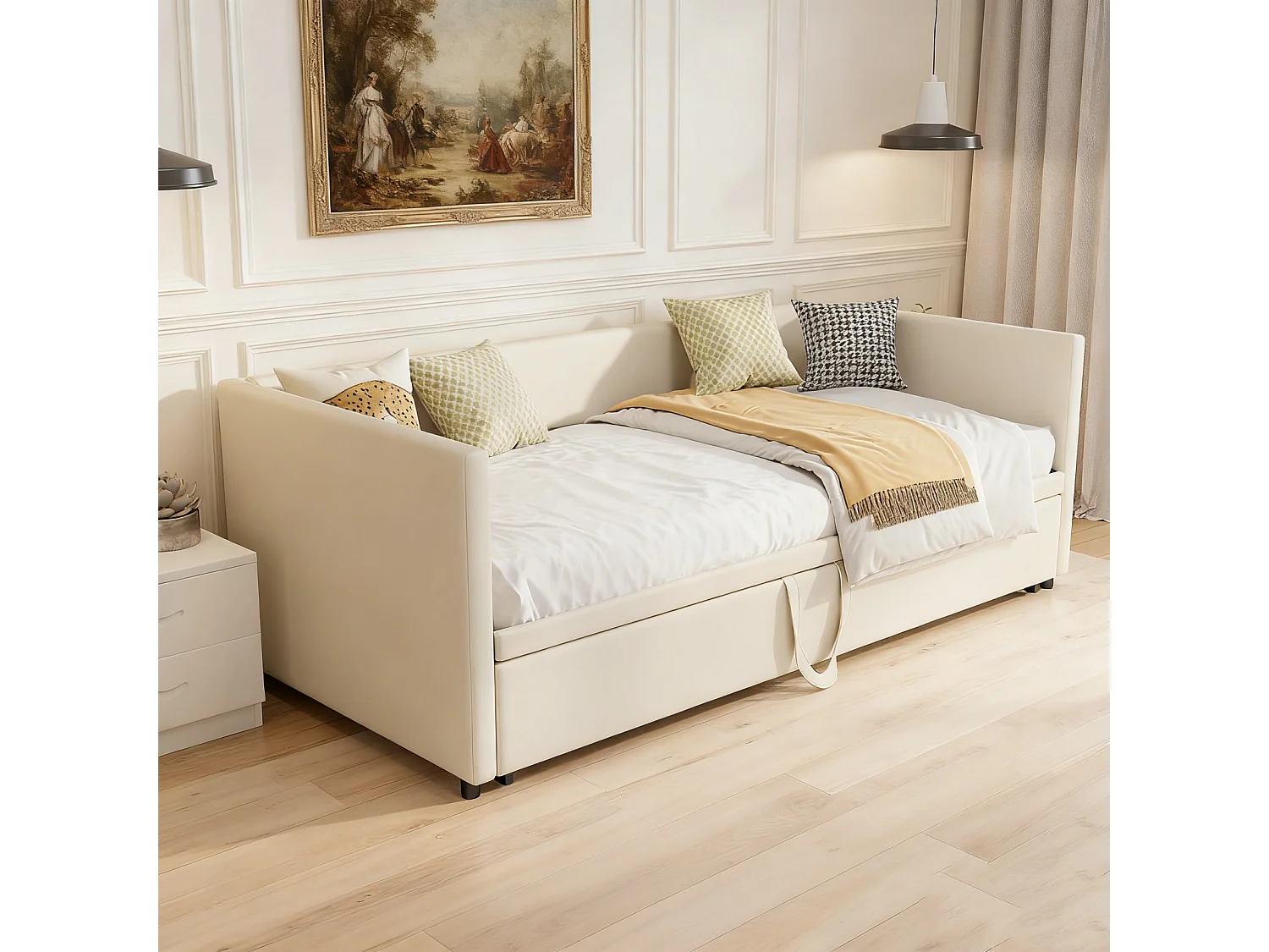 Lit gigogne 90 x 200 cm - velours - Beige - Canapé-lit extensible avec sommiers à lattes - style scandinave