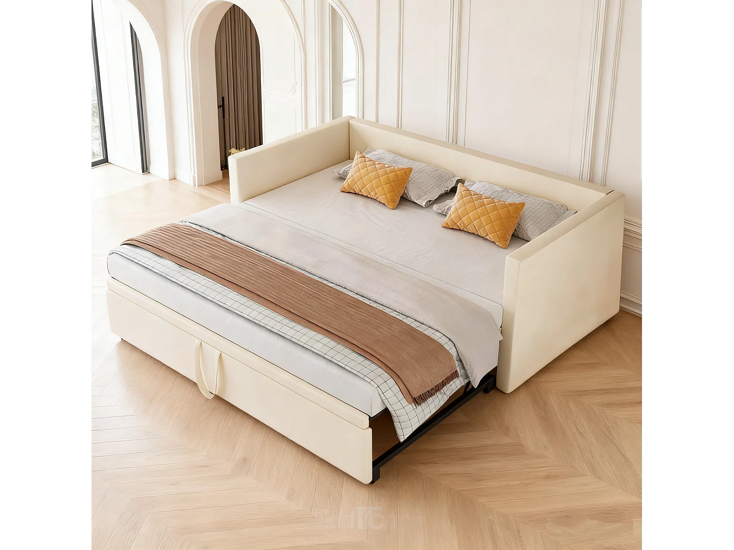 Lit gigogne 90 x 200 cm - velours - Beige - Canapé-lit extensible avec sommiers à lattes - style scandinave