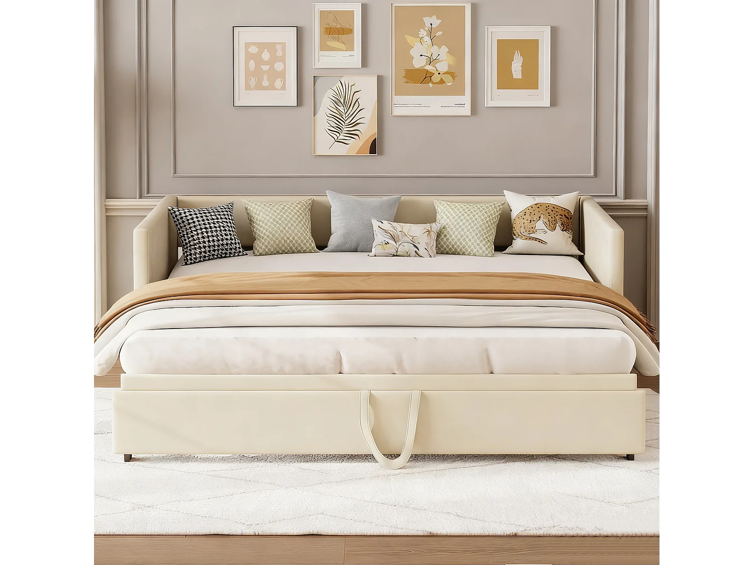 Lit gigogne 90 x 200 cm - velours - Beige - Canapé-lit extensible avec sommiers à lattes - style scandinave