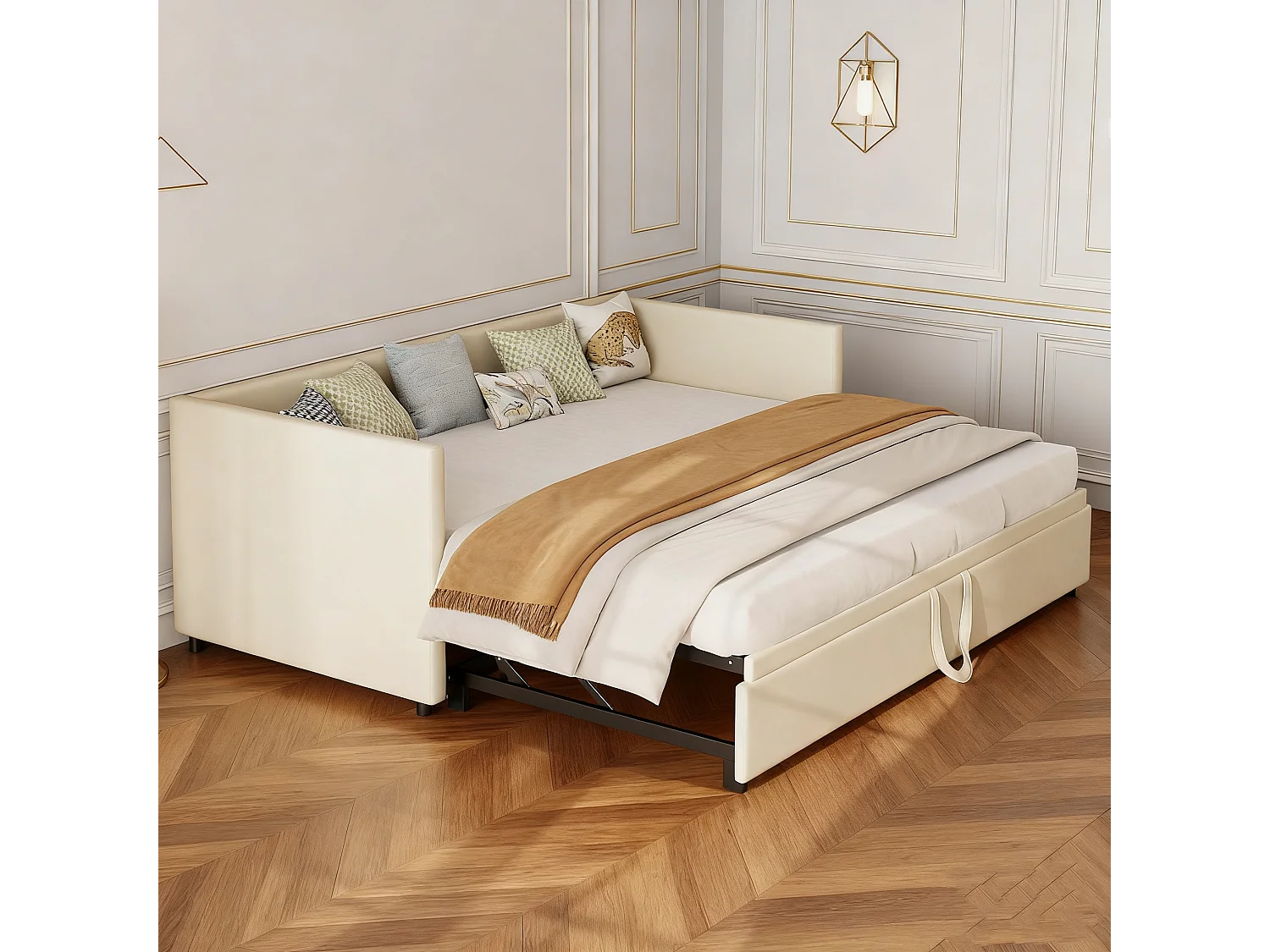 Lit gigogne 90 x 200 cm - velours - Beige - Canapé-lit extensible avec sommiers à lattes - style scandinave