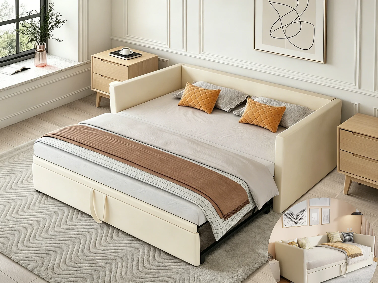 Lit gigogne 90 x 200 cm - velours - Beige - Canapé-lit extensible avec sommiers à lattes - style scandinave