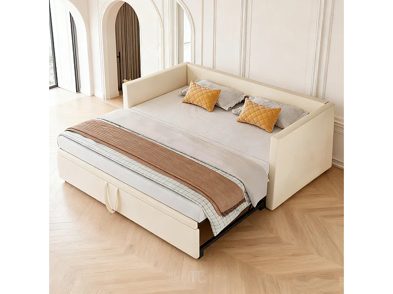 Lit gigogne 90 x 200 cm - velours - Beige - Canapé-lit extensible avec sommiers à lattes - style scandinave