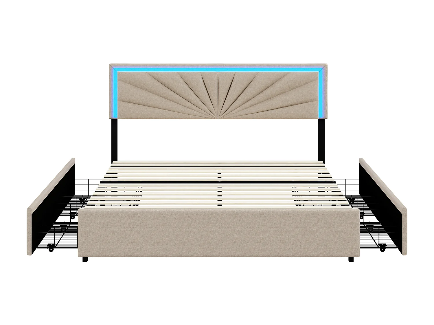 Lit 160x200cm - avec LED et 4 Tiroirs - Lin - Tête de Lit Réglable en Hauteur - Sommier à Lattes - beige