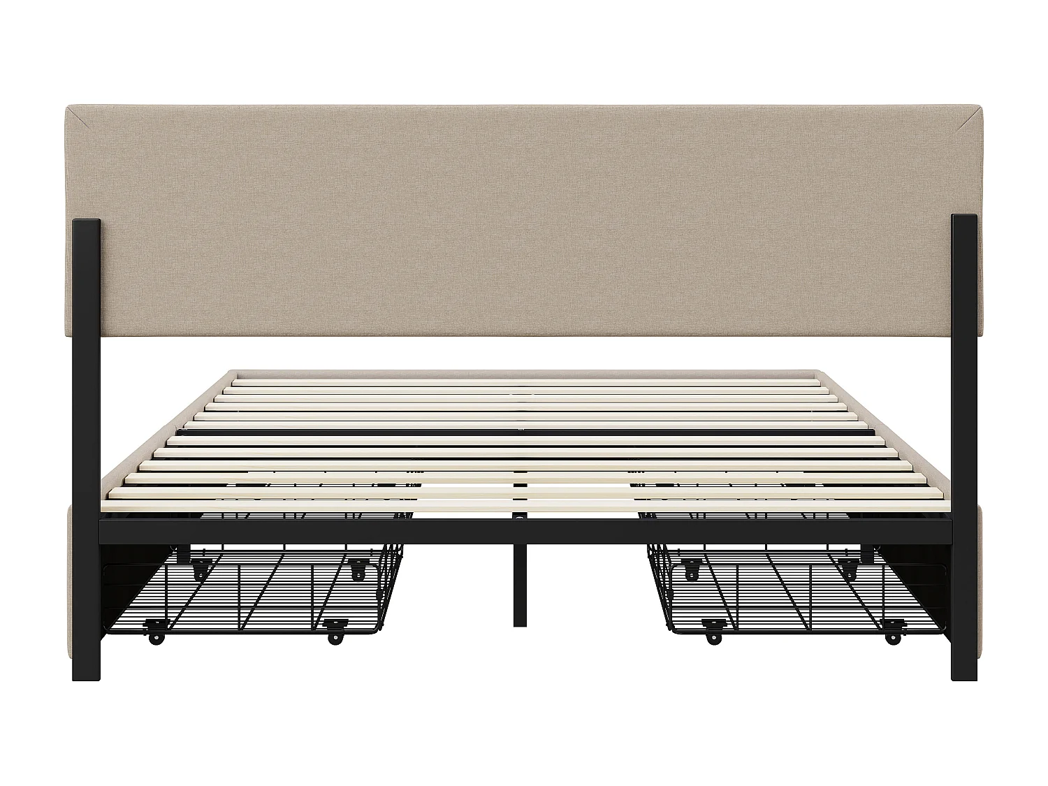 Lit 160x200cm - avec LED et 4 Tiroirs - Lin - Tête de Lit Réglable en Hauteur - Sommier à Lattes - beige