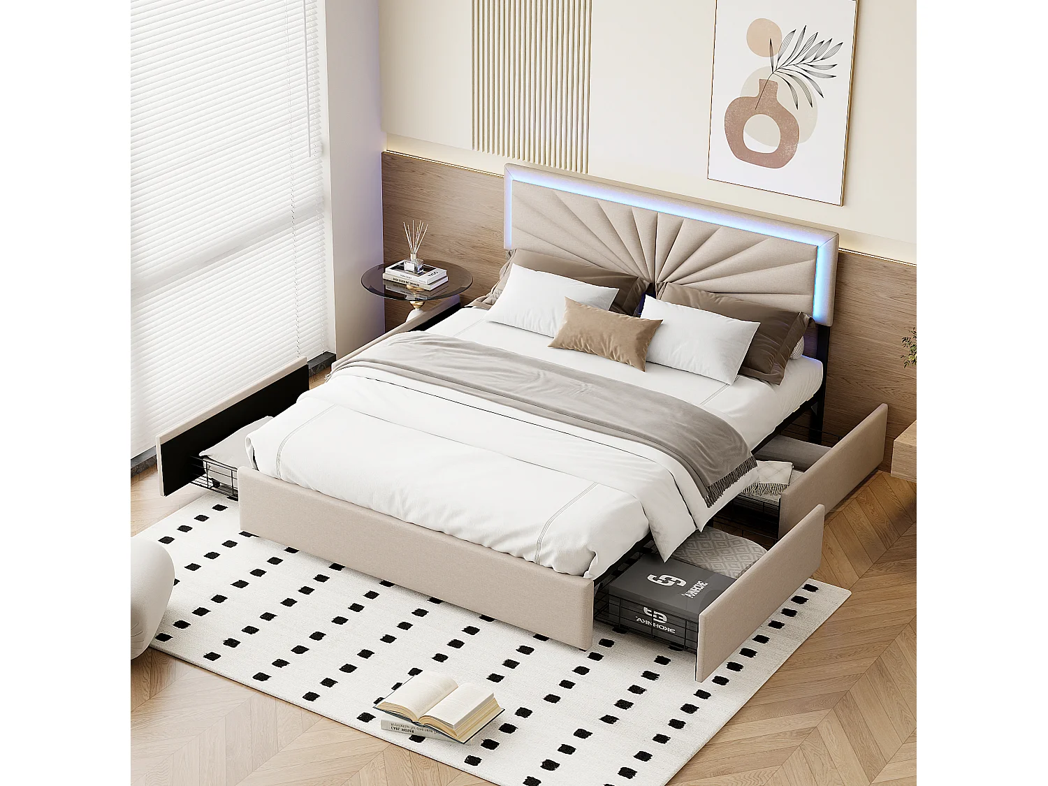 Cama de 160x200cm - com LED e 4 gavetas - Roupa de cama - Cabeceira regulável em altura - Estrado de ripas - Bege