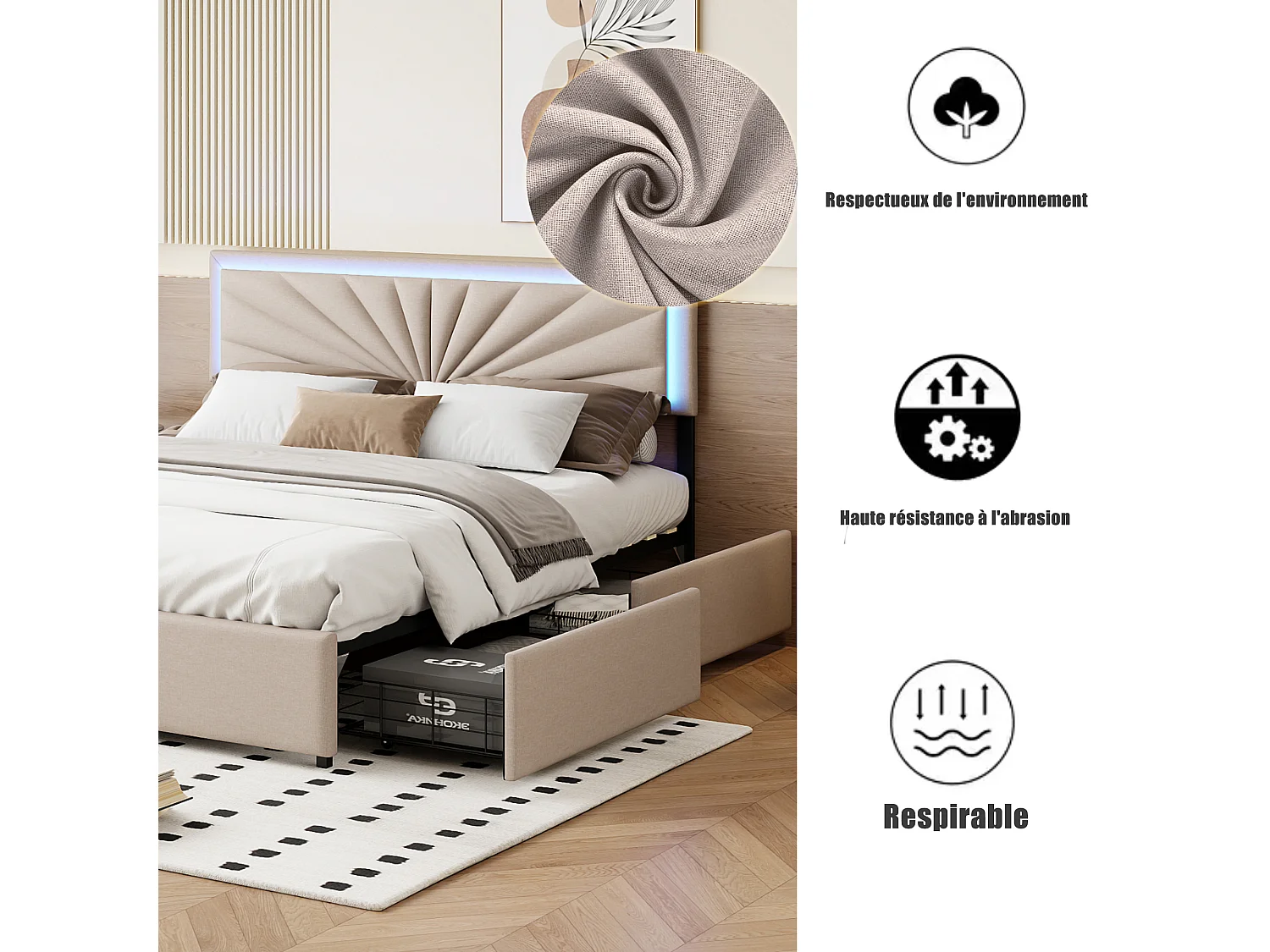 Cama de 160x200cm - com LED e 4 gavetas - Roupa de cama - Cabeceira regulável em altura - Estrado de ripas - Bege