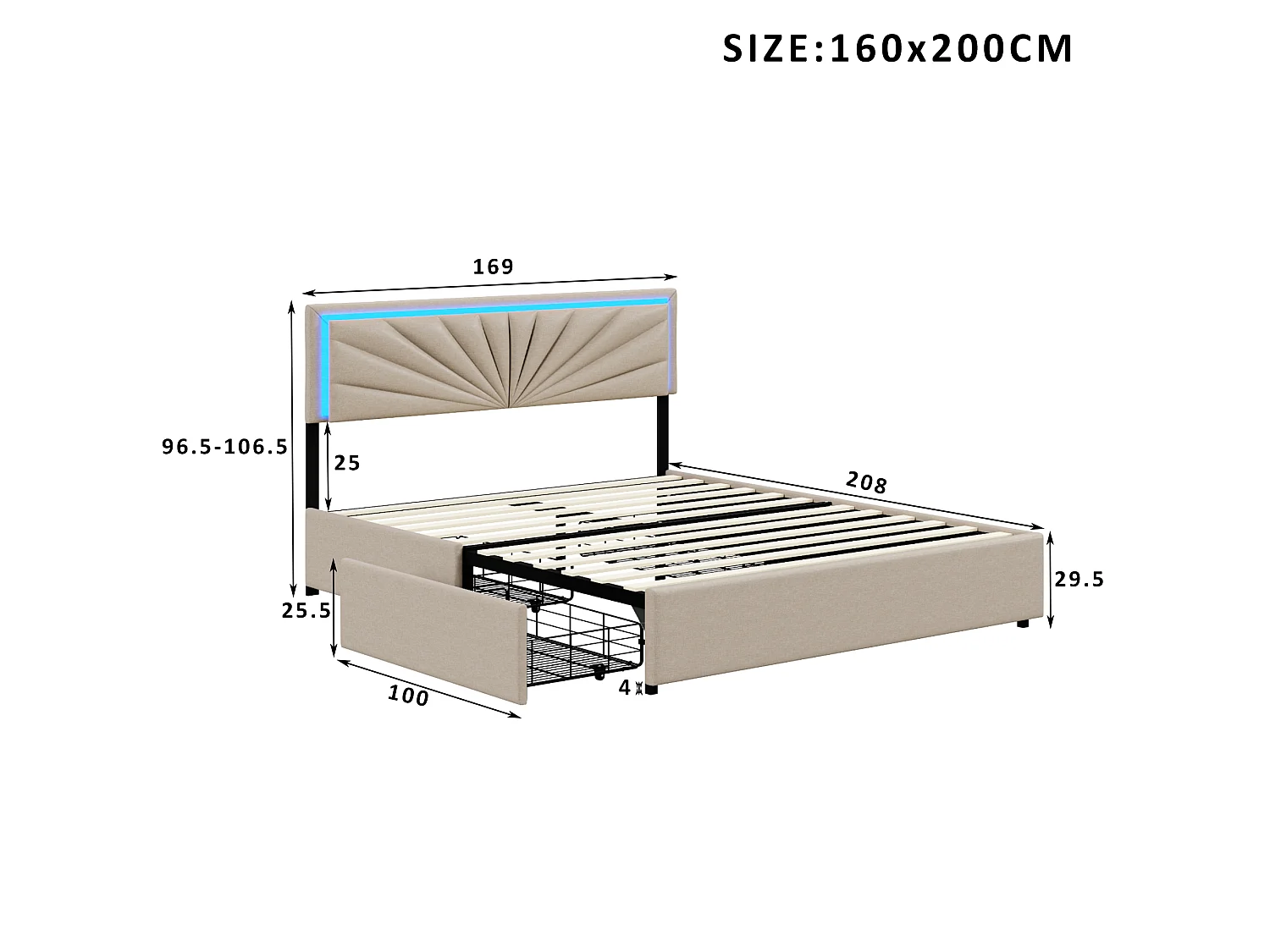 Cama de 160x200cm - com LED e 4 gavetas - Roupa de cama - Cabeceira regulável em altura - Estrado de ripas - Bege