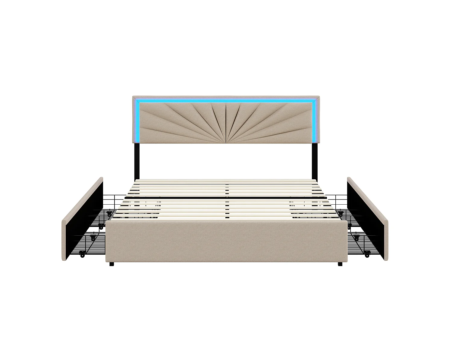 Cama de 160x200cm - com LED e 4 gavetas - Roupa de cama - Cabeceira regulável em altura - Estrado de ripas - Bege