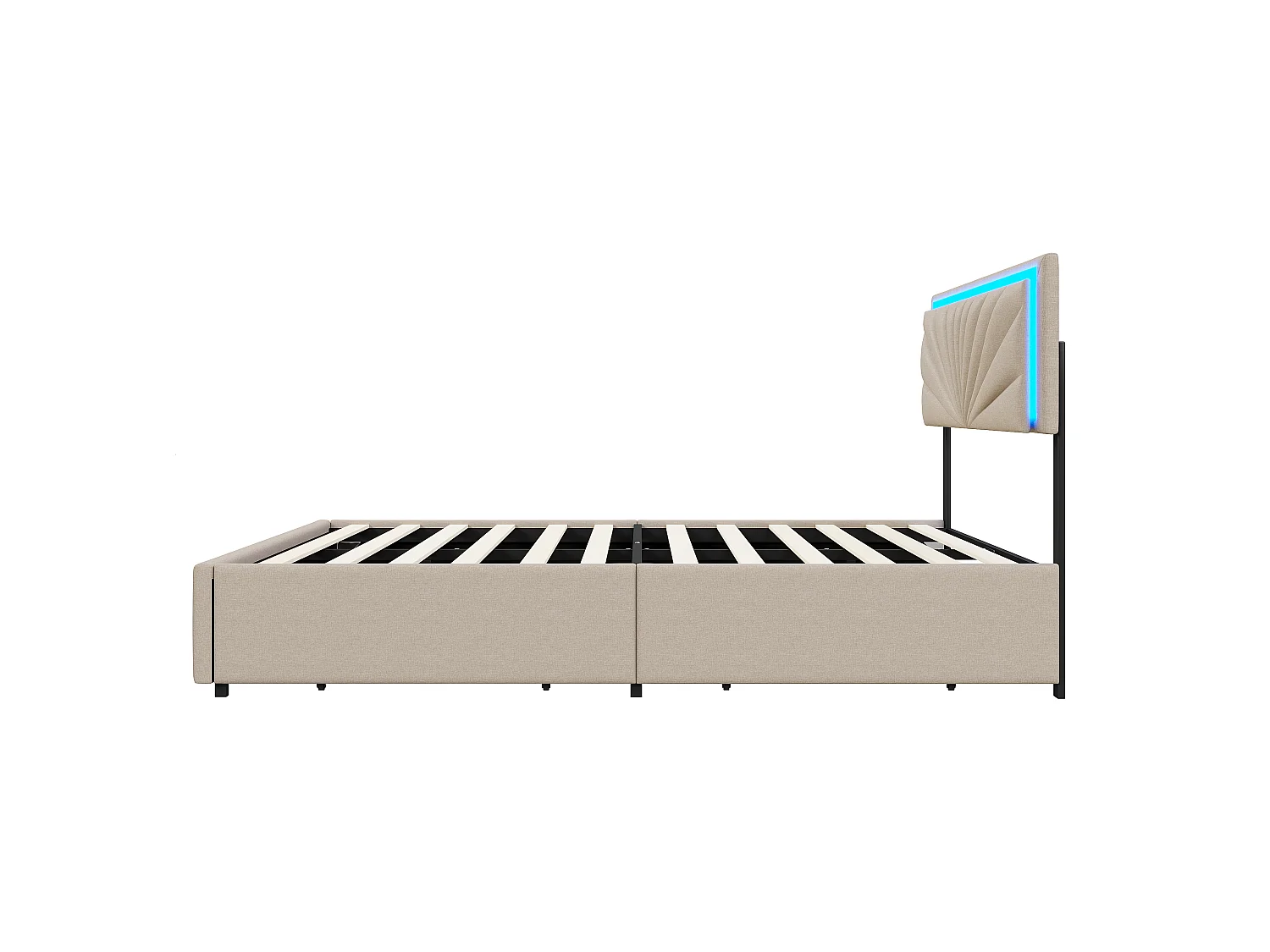 Cama de 160x200cm - com LED e 4 gavetas - Roupa de cama - Cabeceira regulável em altura - Estrado de ripas - Bege
