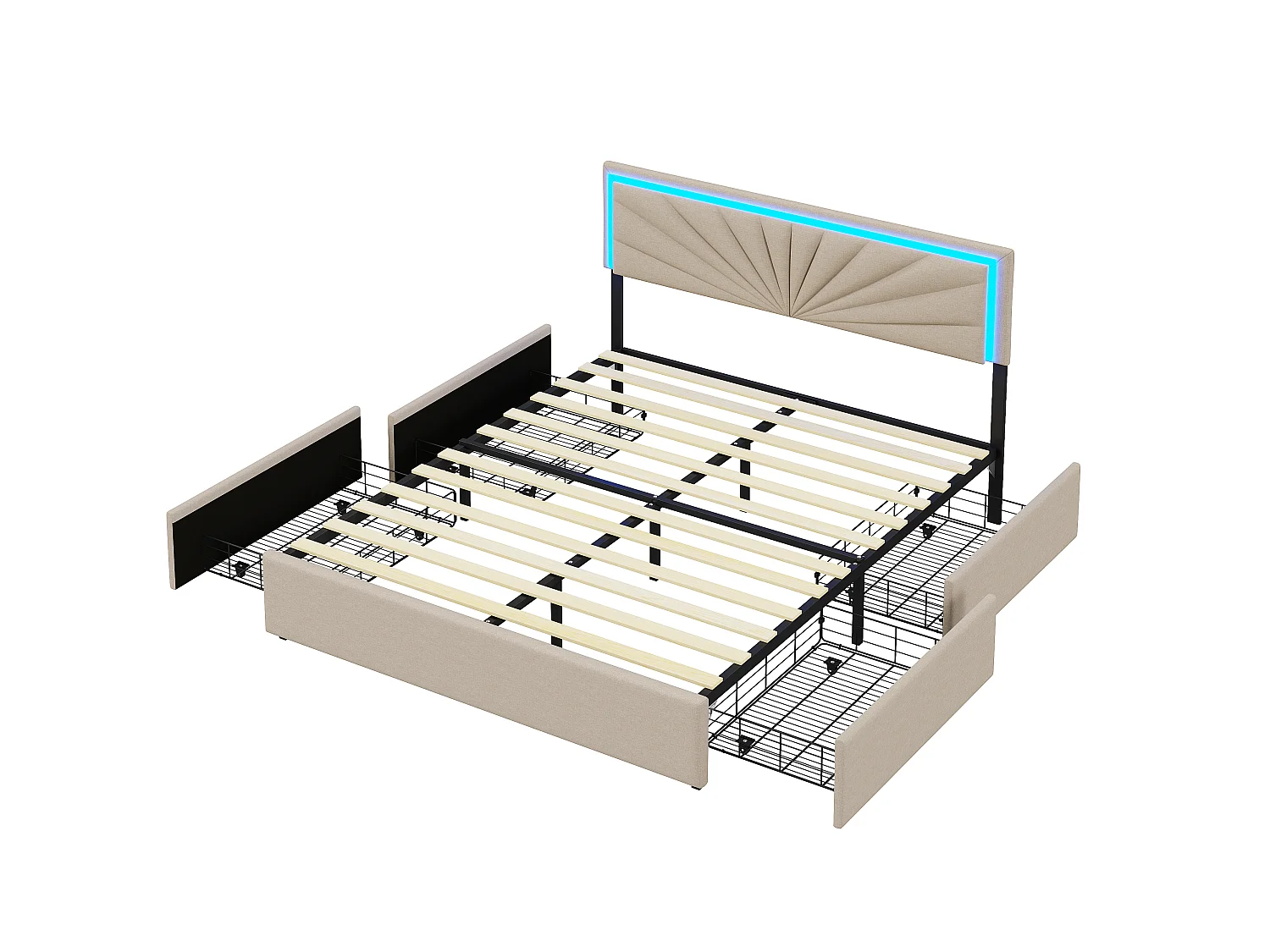 Cama de 160x200cm - com LED e 4 gavetas - Roupa de cama - Cabeceira regulável em altura - Estrado de ripas - Bege
