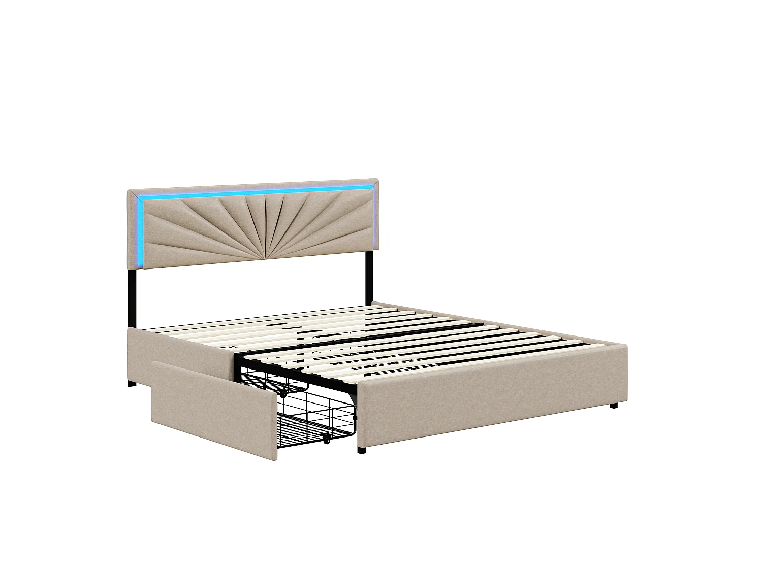 Cama de 160x200cm - com LED e 4 gavetas - Roupa de cama - Cabeceira regulável em altura - Estrado de ripas - Bege
