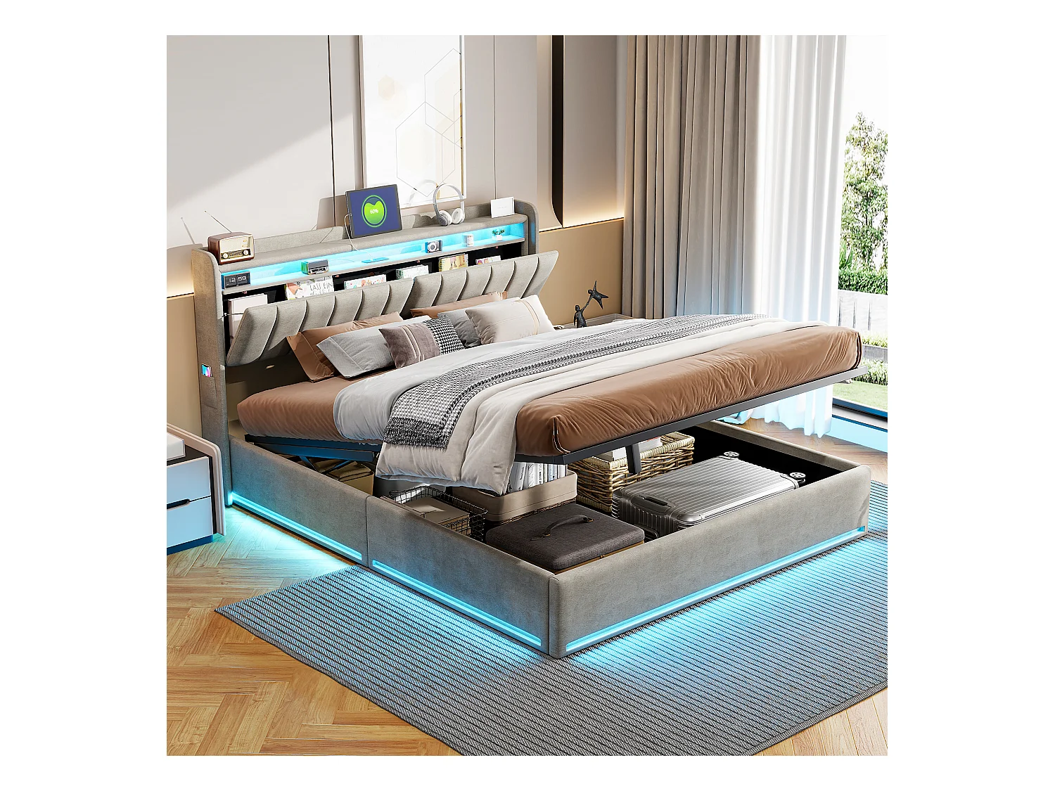 Lit Coffre 140 x 200 cm, Lit Double avec éclairage LED et Charge USB, Lit Rembourré pour Adultes et Adolescents, Velours, Gris