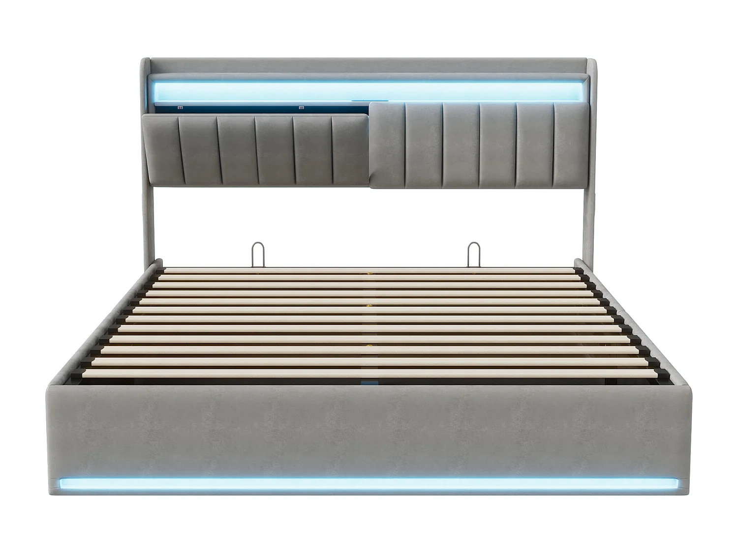 Tweepersoonsbed 140x200cm met ledverlichting en hydraulische opbergruimte - hoofdbord met USB-poorten en opbergvakken - fluweel - grijs