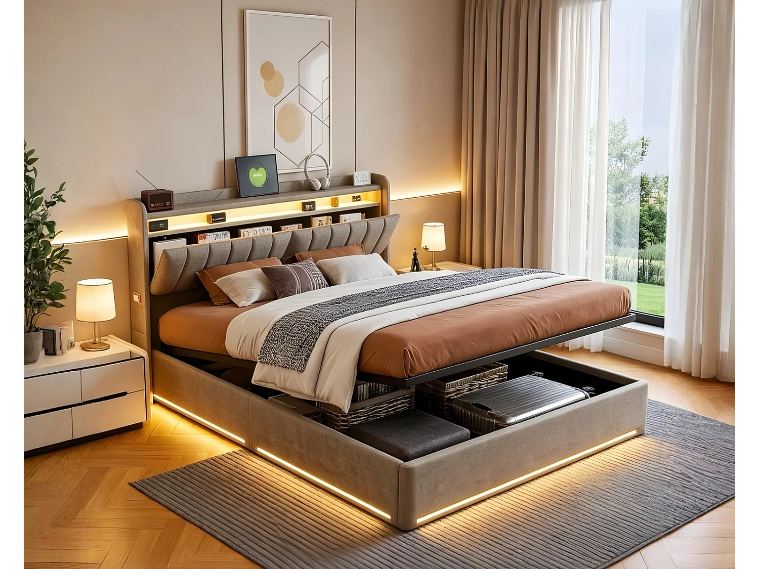 Cama doble de 140x200cm con iluminación LED y almacenamiento hidráulico - cabecero con puertos USB y compartimentos de almacenamiento - terciopelo - gris