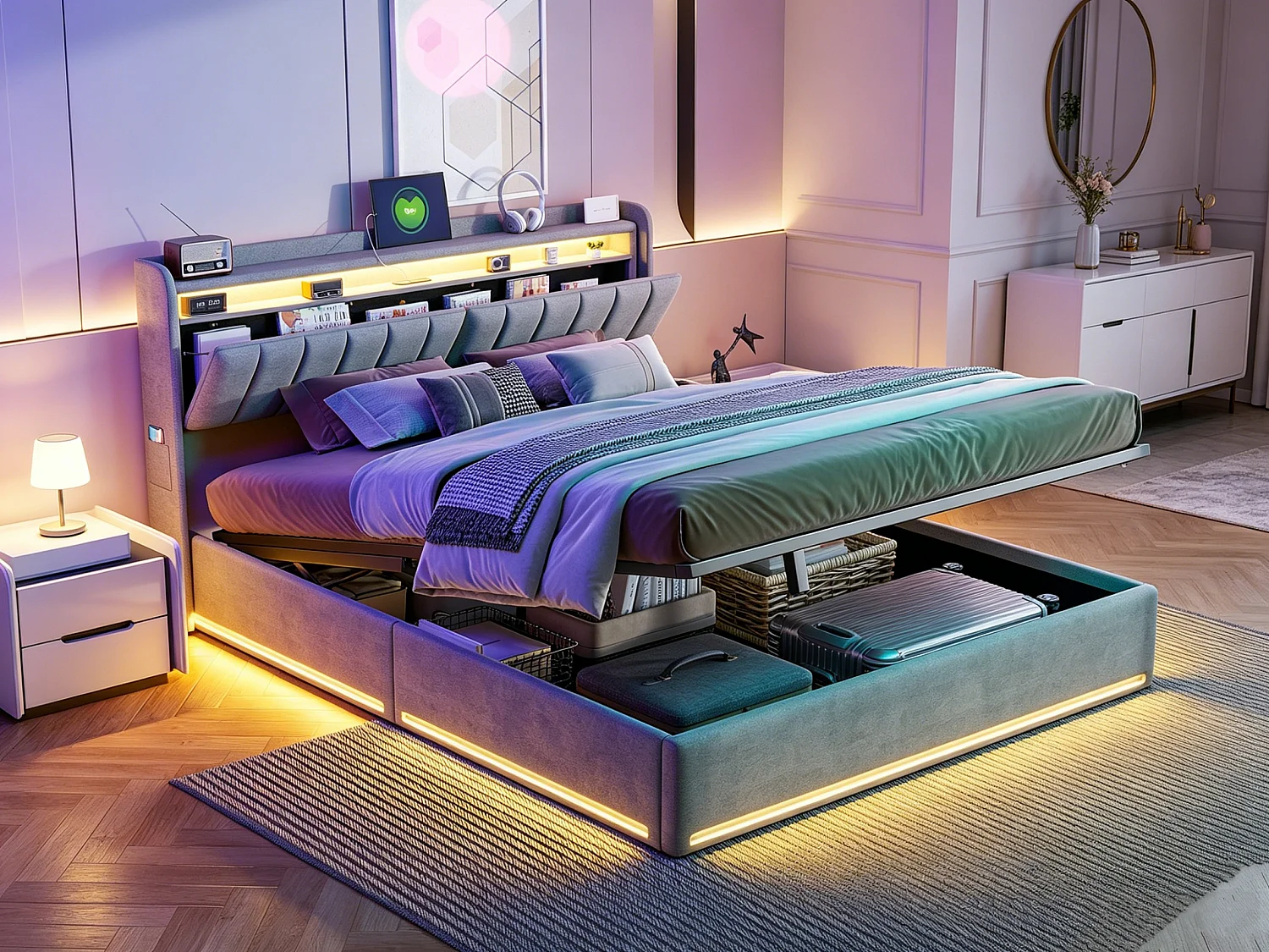 Lit double 140x200cm avec éclairage LED et rangement hydraulique - tête de lit avec ports USB et compartiments de rangement - velours - gris