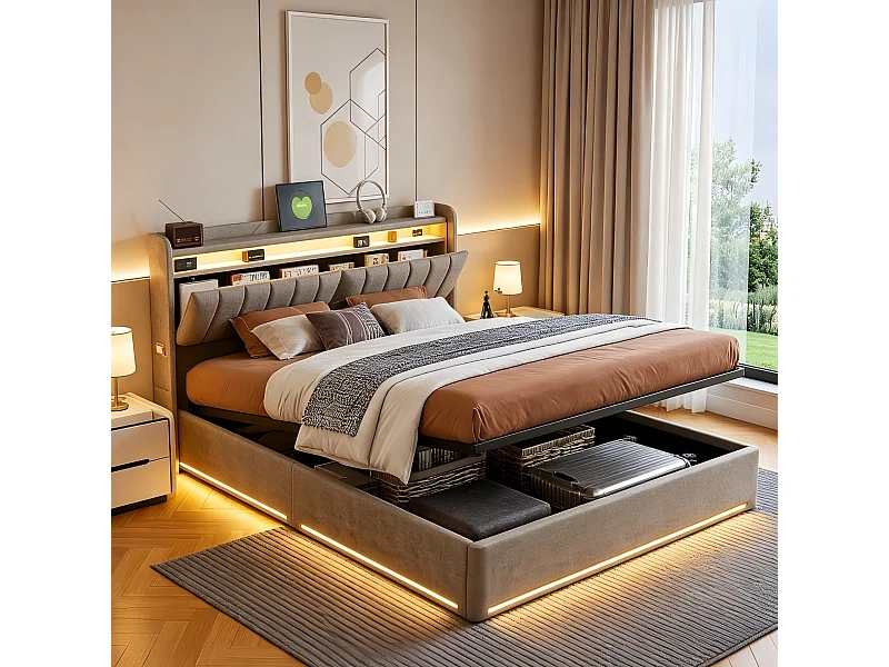 Tweepersoonsbed 140x200cm met ledverlichting en hydraulische opbergruimte - hoofdbord met USB-poorten en opbergvakken - fluweel - grijs