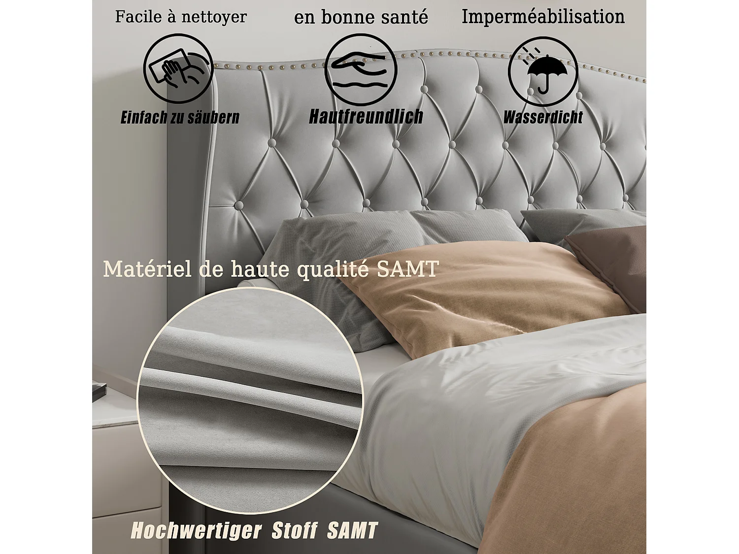 lit coffre 140x200 cm, avec coffre de rangement, tête de lit à lattes en bois, flanelle, gris, sans matelas