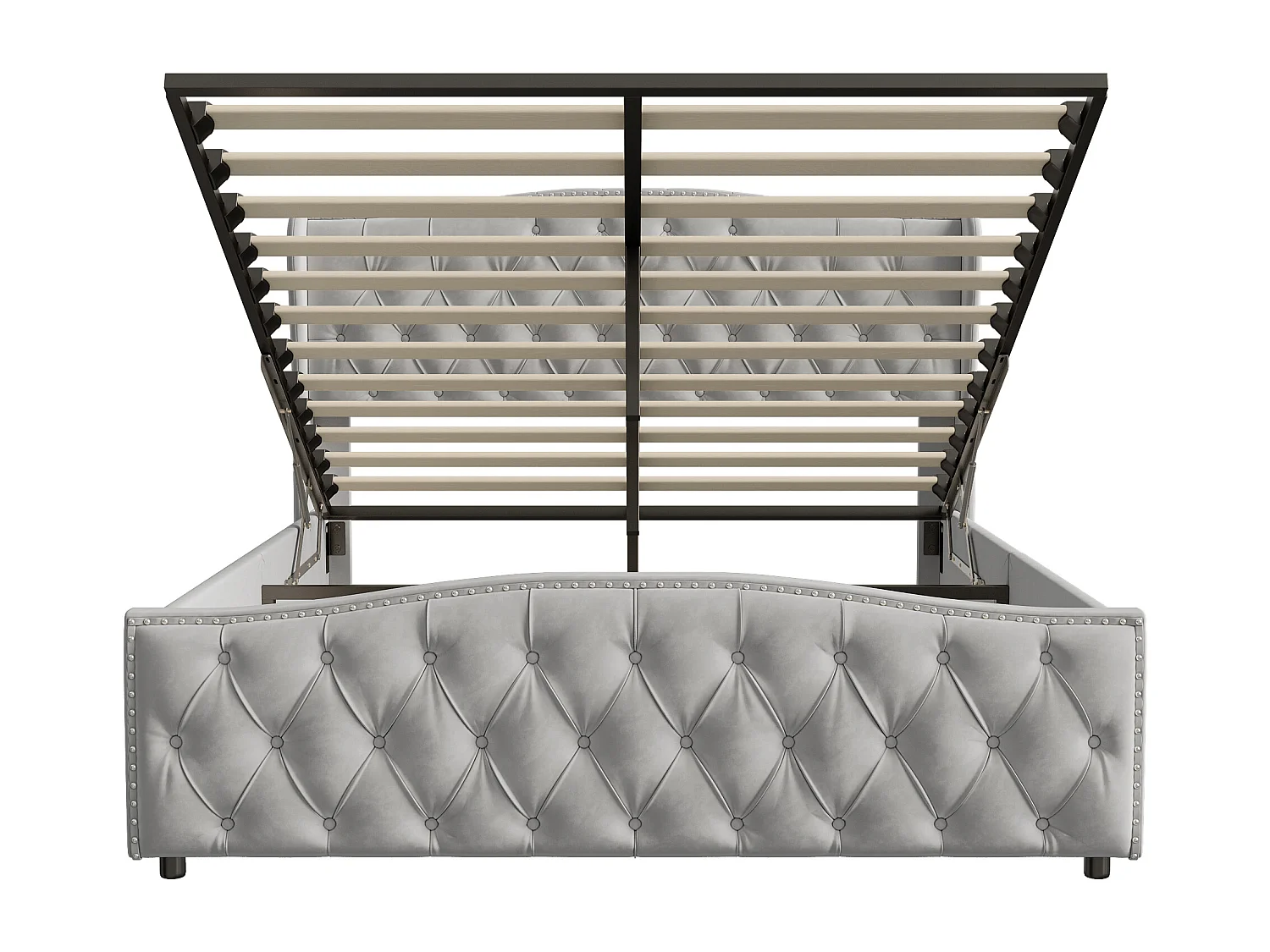 lit coffre 140x200 cm, avec coffre de rangement, tête de lit à lattes en bois, flanelle, gris, sans matelas