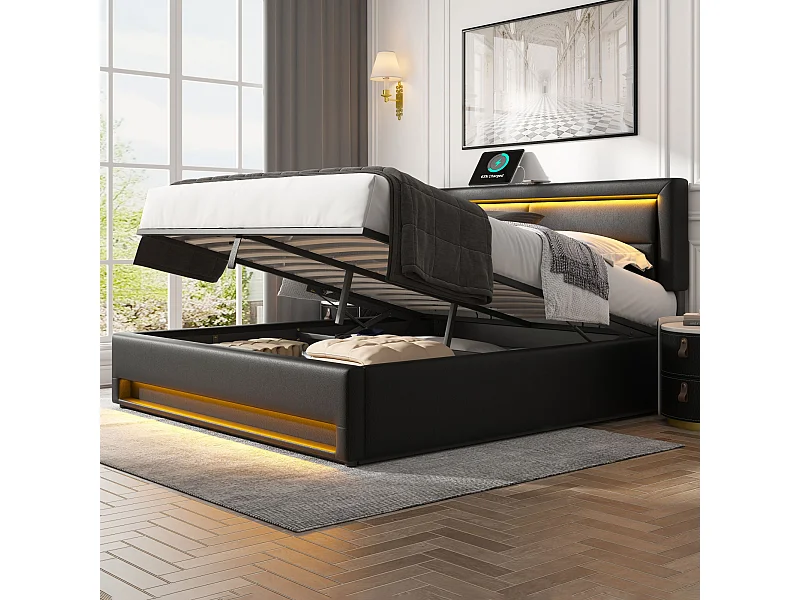 Lit coffre 160 x 200 cm, port USB, chargement sans fil et filaire, LED et rangement, PU noir, sans matelas
