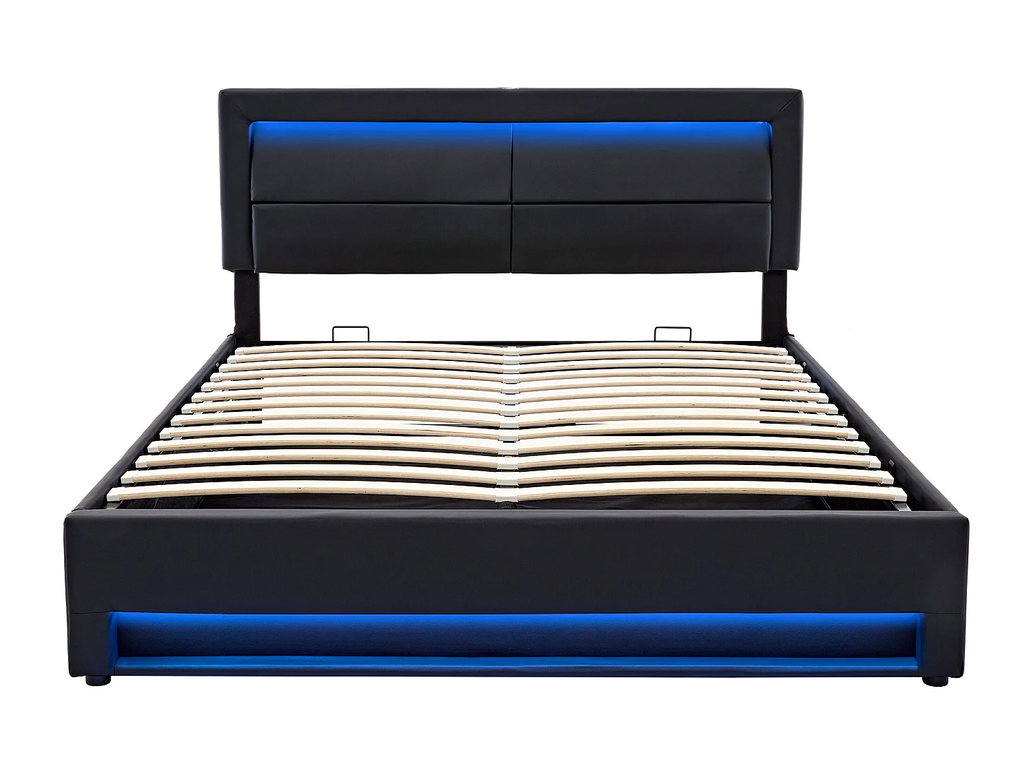 Lit coffre 160 x 200 cm, port USB, chargement sans fil et filaire, LED et rangement, PU noir, sans matelas