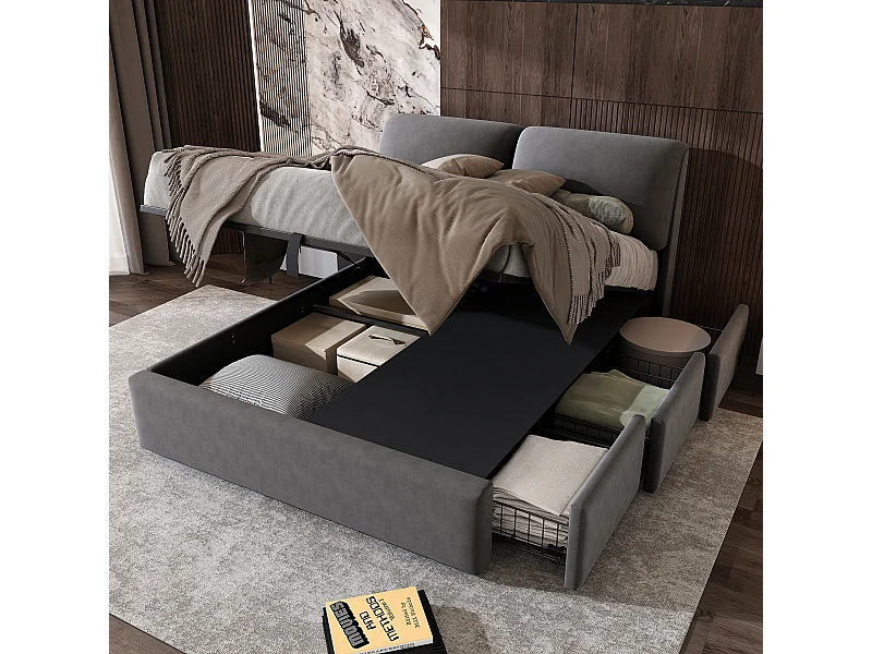 Lit coffre moderne 140 x 190 cm, 3 tiroirs, sommier à lattes, tête de lit, velours gris, sans matelas