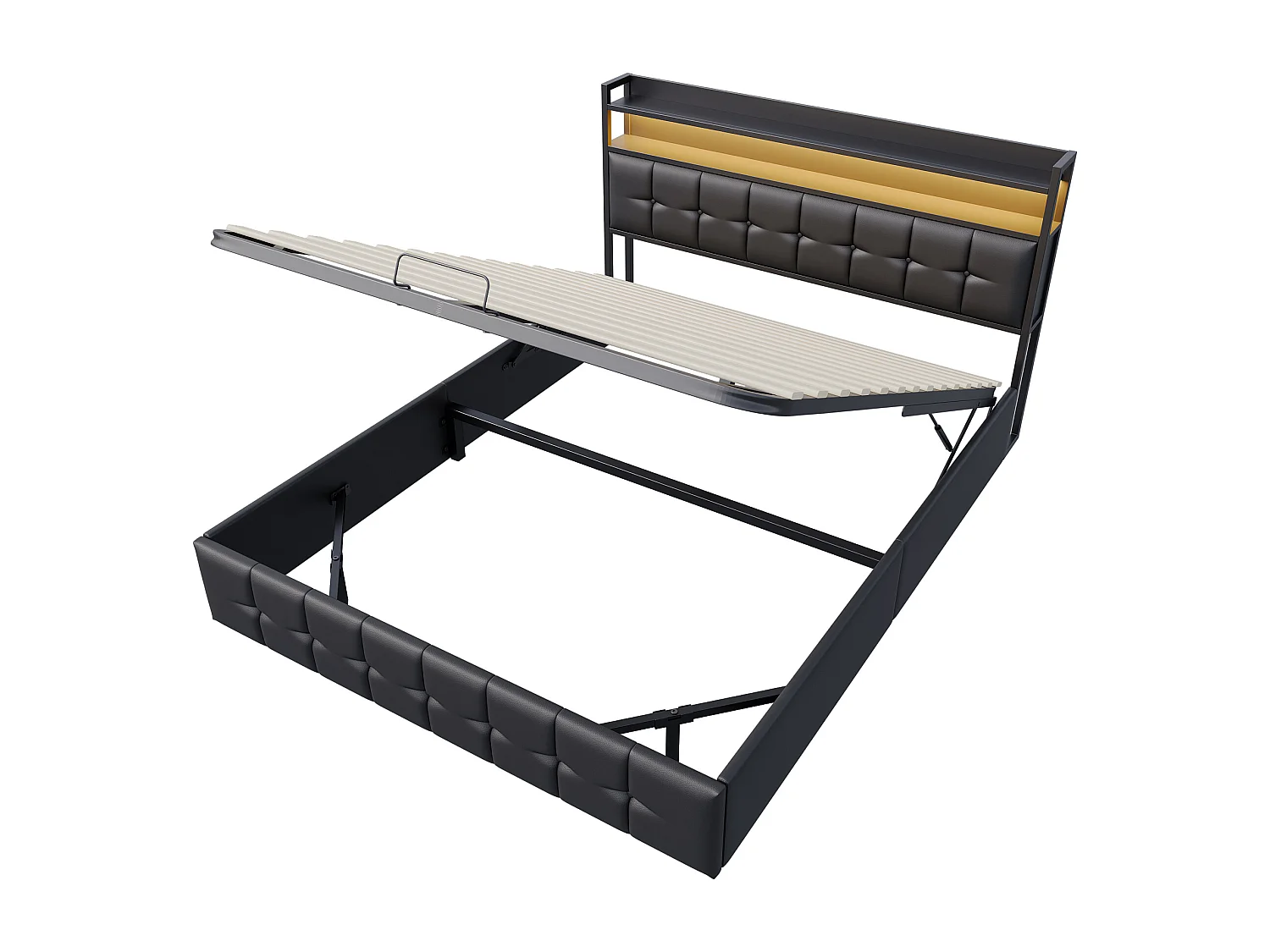 Cama con almacenaje de 140 x 200 cm - con LED y carga USB - Cabecero con compartimento de almacenamiento - Tejido PU - Negro