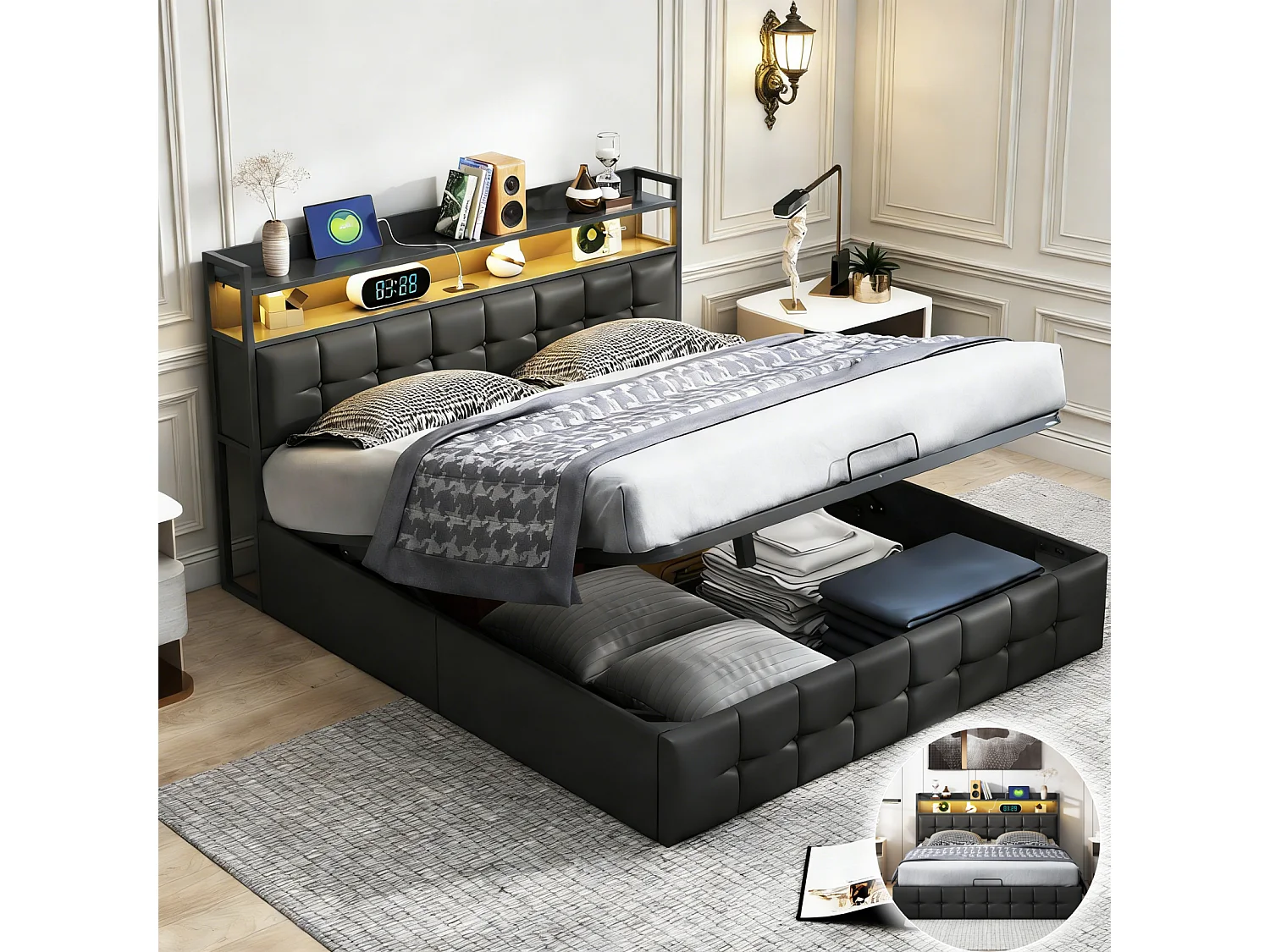 Cama con almacenaje de 140 x 200 cm - con LED y carga USB - Cabecero con compartimento de almacenamiento - Tejido PU - Negro