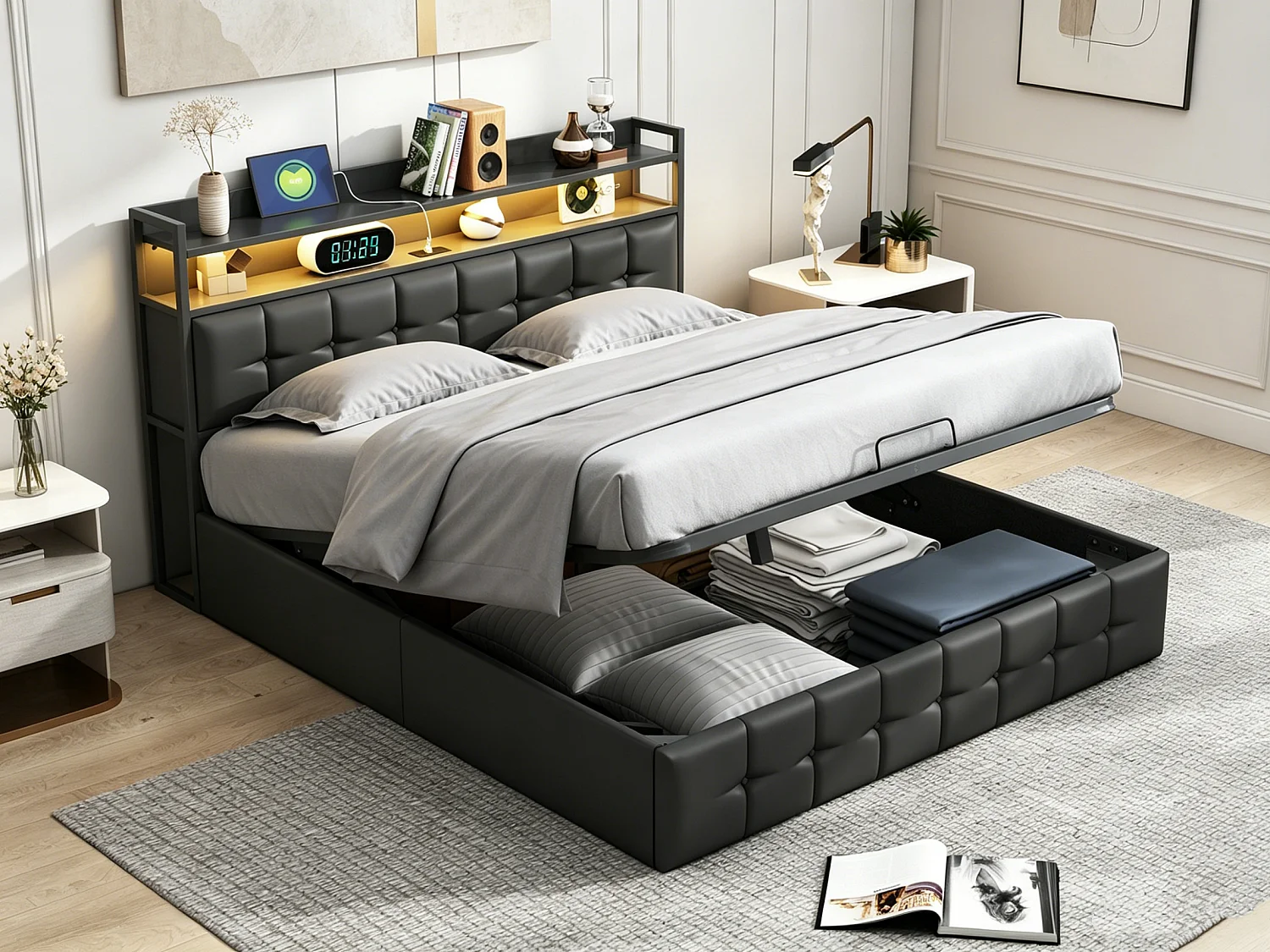 Lit Coffre 140 x 200 - avec LED et Charge USB - Tete de lit avec Compartiment de Rangement - tissu en PU - Noir