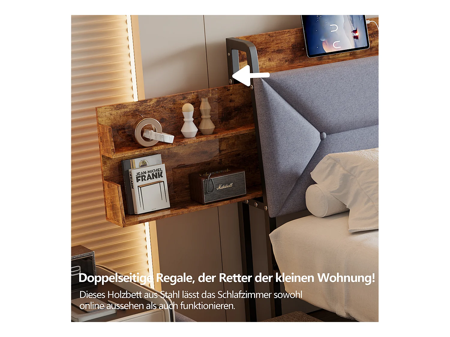 Lit Double 140x200, Cadre de Lits avec 4 tiroirs et sommier à Lattes, Ports USB et Type-C, Rangement sous Le lit