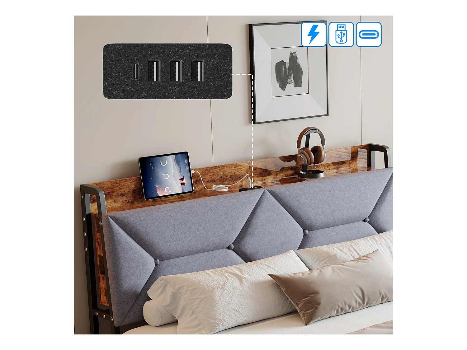 Lit Double 140x200, Cadre de Lits avec 4 tiroirs et sommier à Lattes, Ports USB et Type-C, Rangement sous Le lit