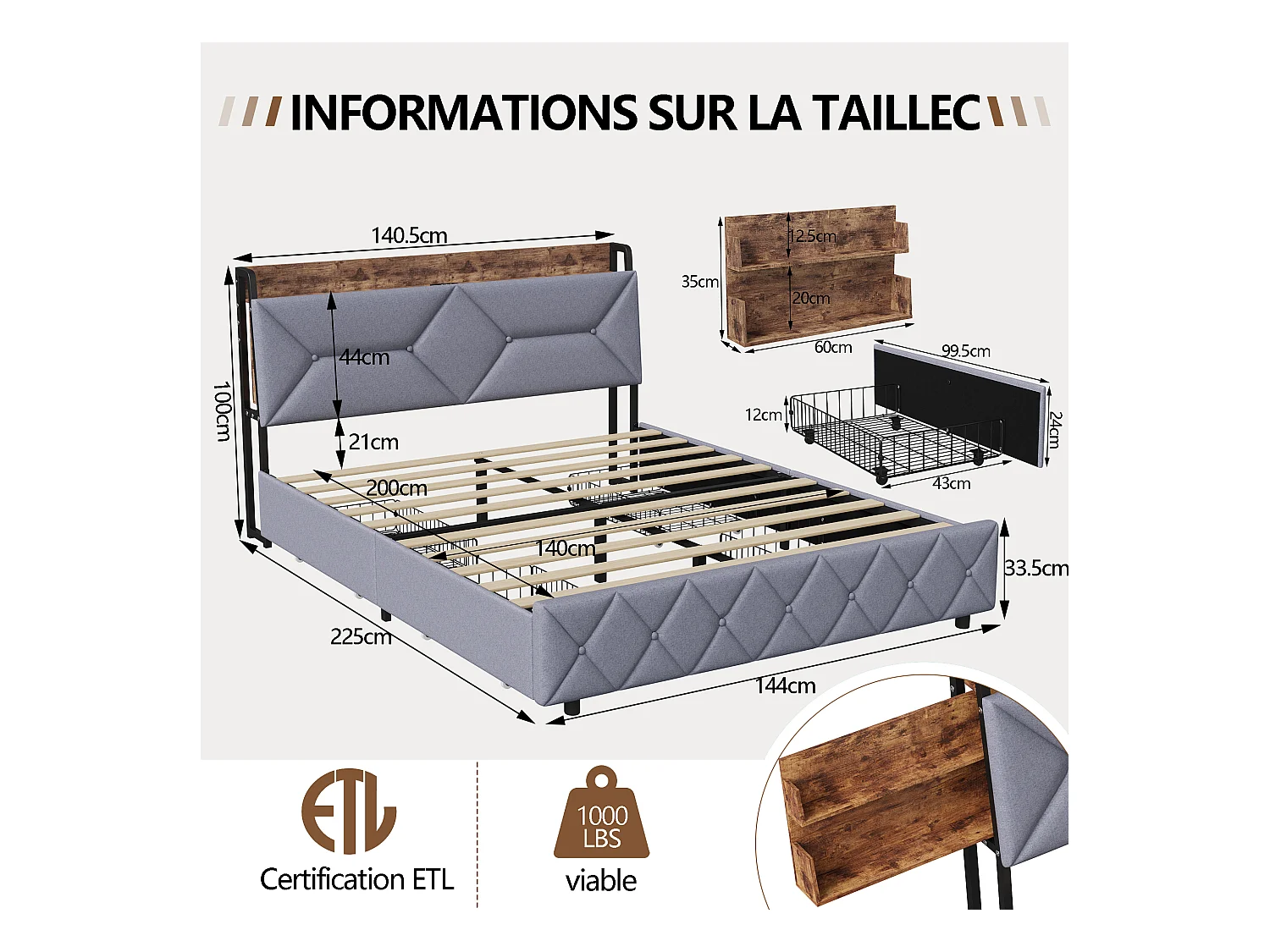 Lit Double 140x200, Cadre de Lits avec 4 tiroirs et sommier à Lattes, Ports USB et Type-C, Rangement sous Le lit